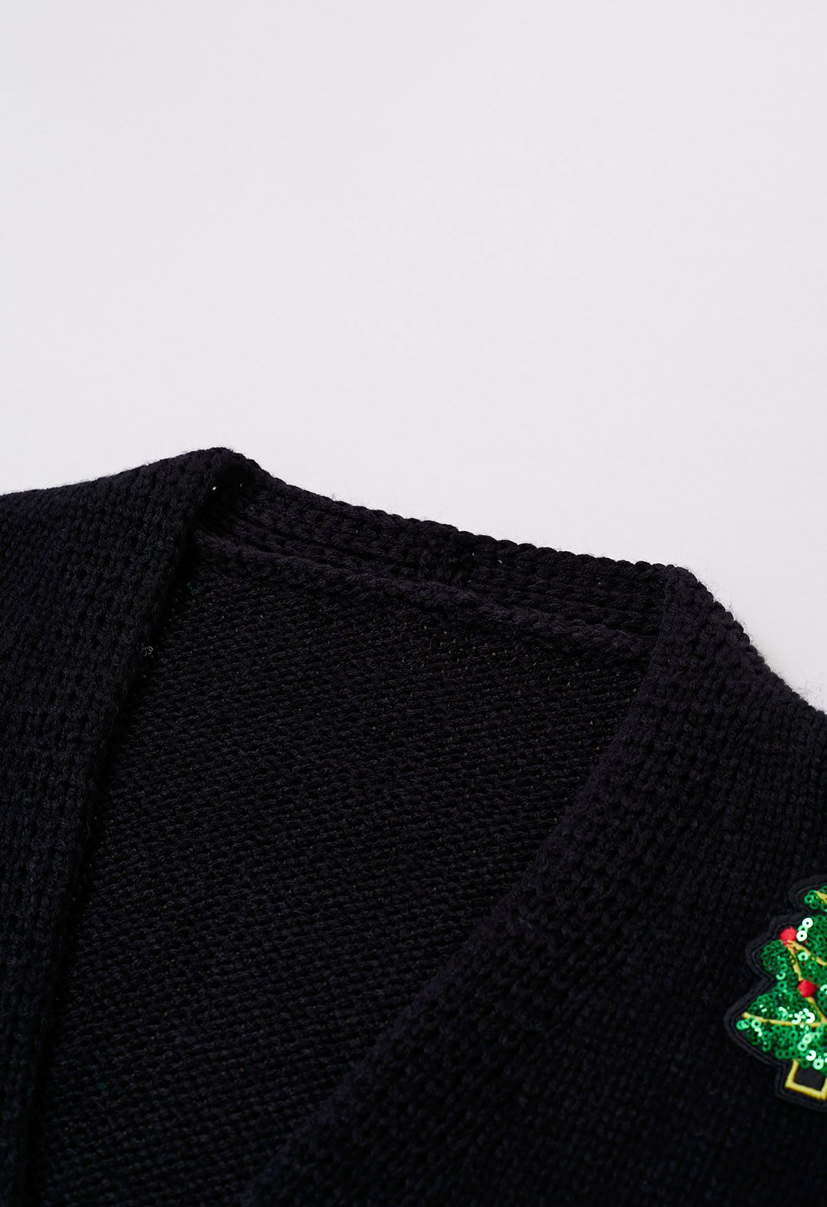 Sequin Christmas Tree Patch Button-Up Cardigan in Black