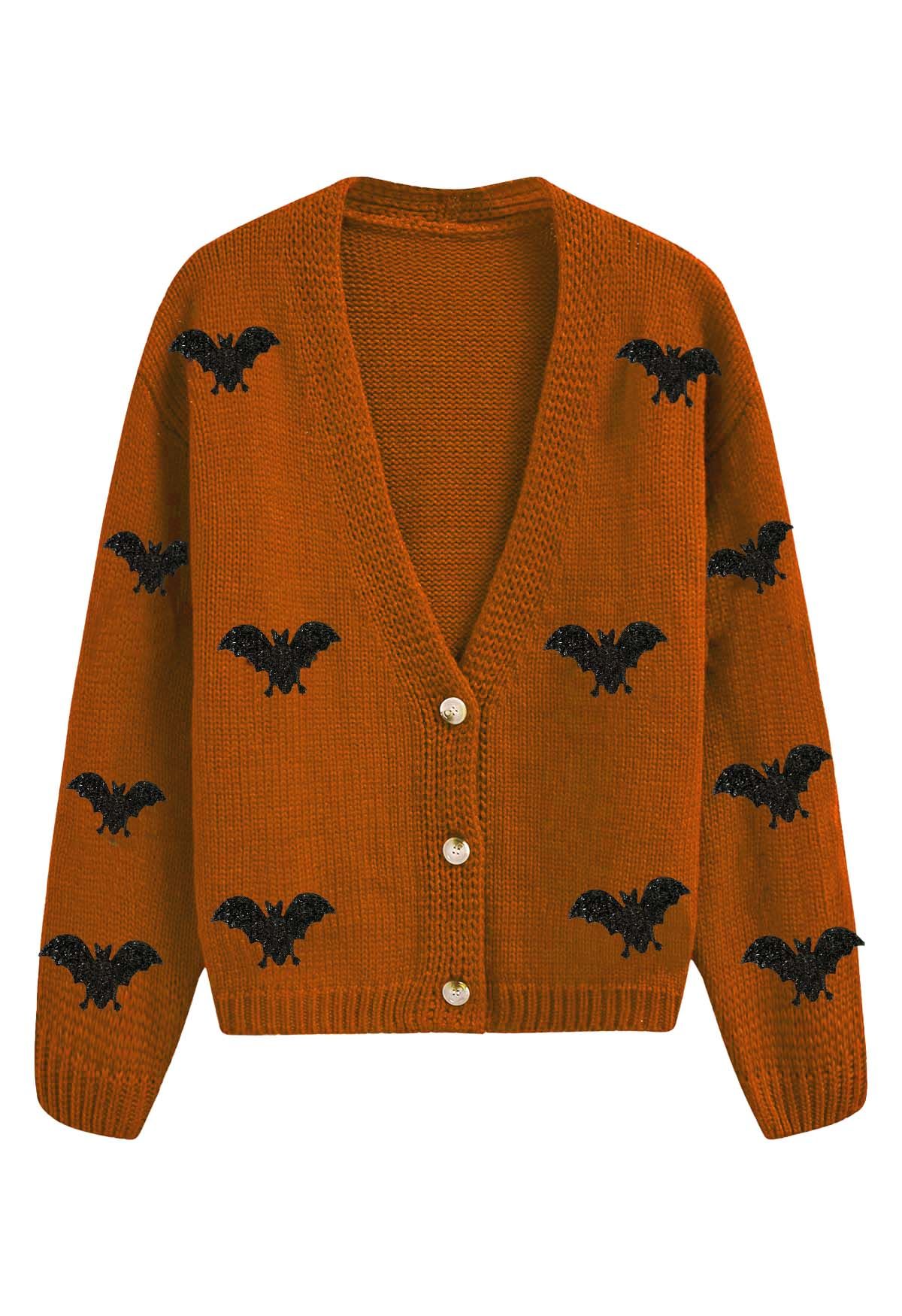 Mystic Bats Patch Buttoned Knit Cardigan in Pumpkin