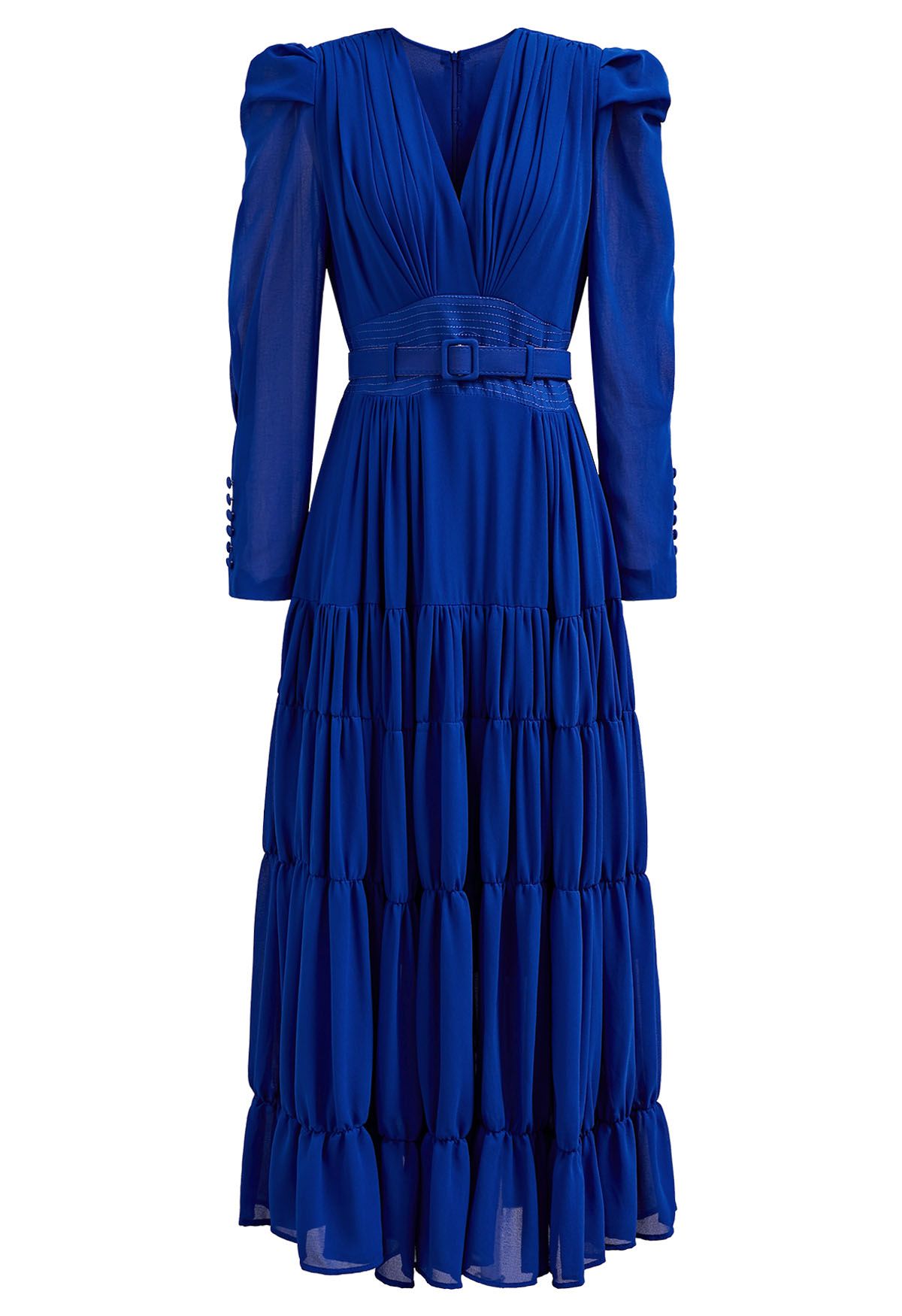 V-Neck Shirred Tiered Belted Chiffon Dress in Indigo