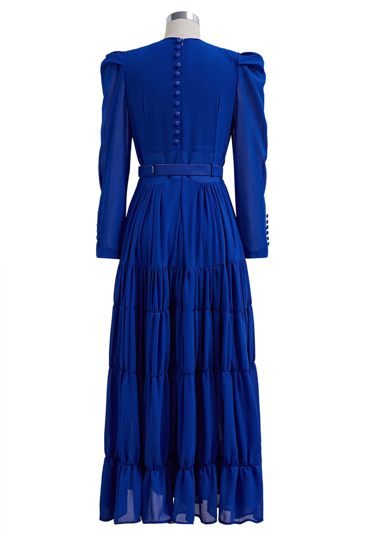 V-Neck Shirred Tiered Belted Chiffon Dress in Indigo