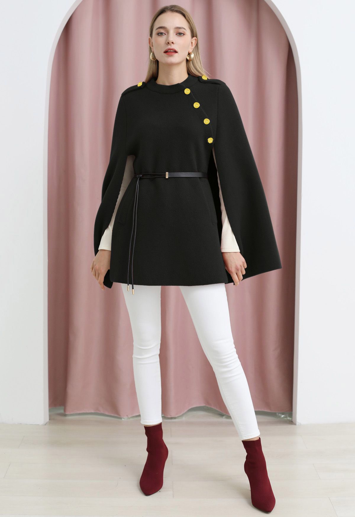 Golden Button Belted Cape Coat in Black