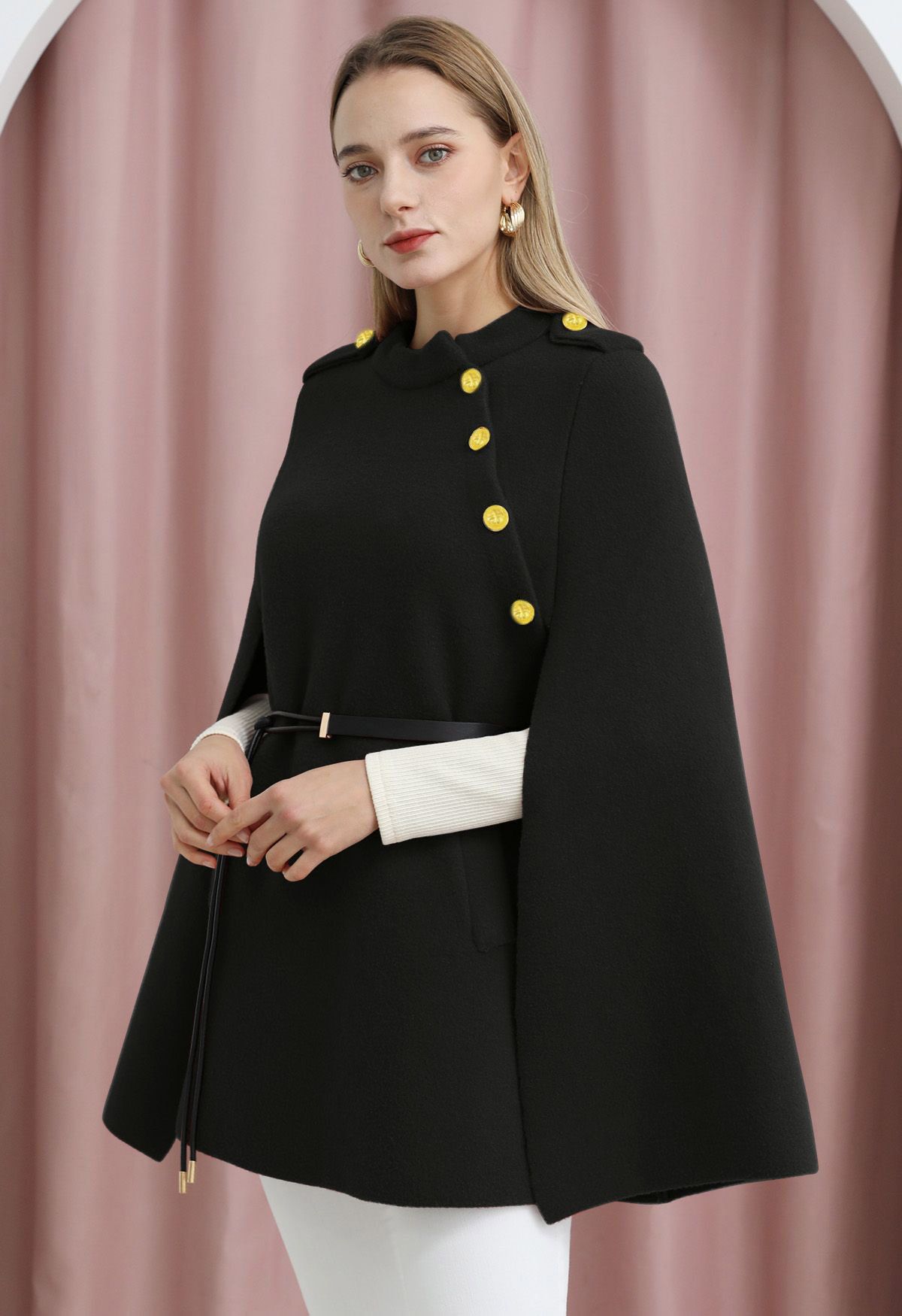 Golden Button Belted Cape Coat in Black