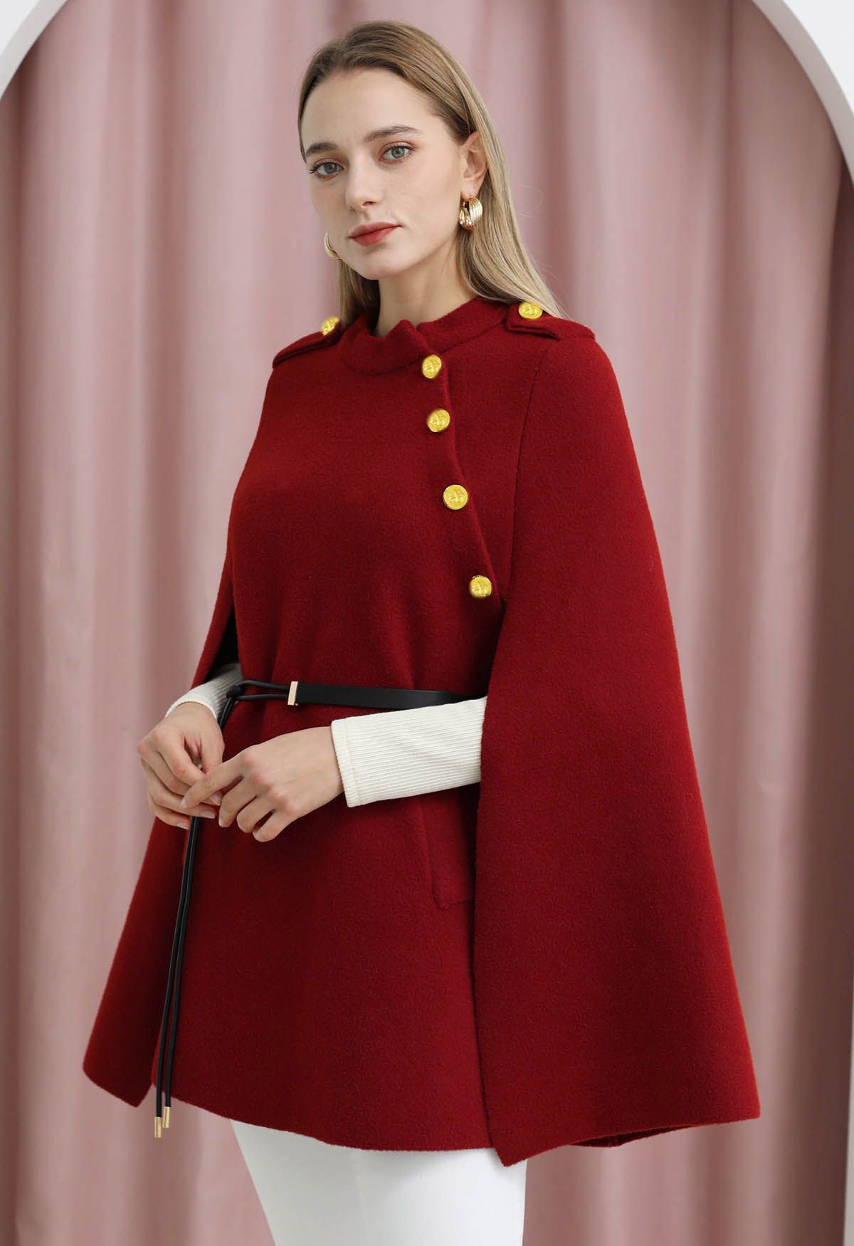 Golden Button Belted Cape Coat in Red