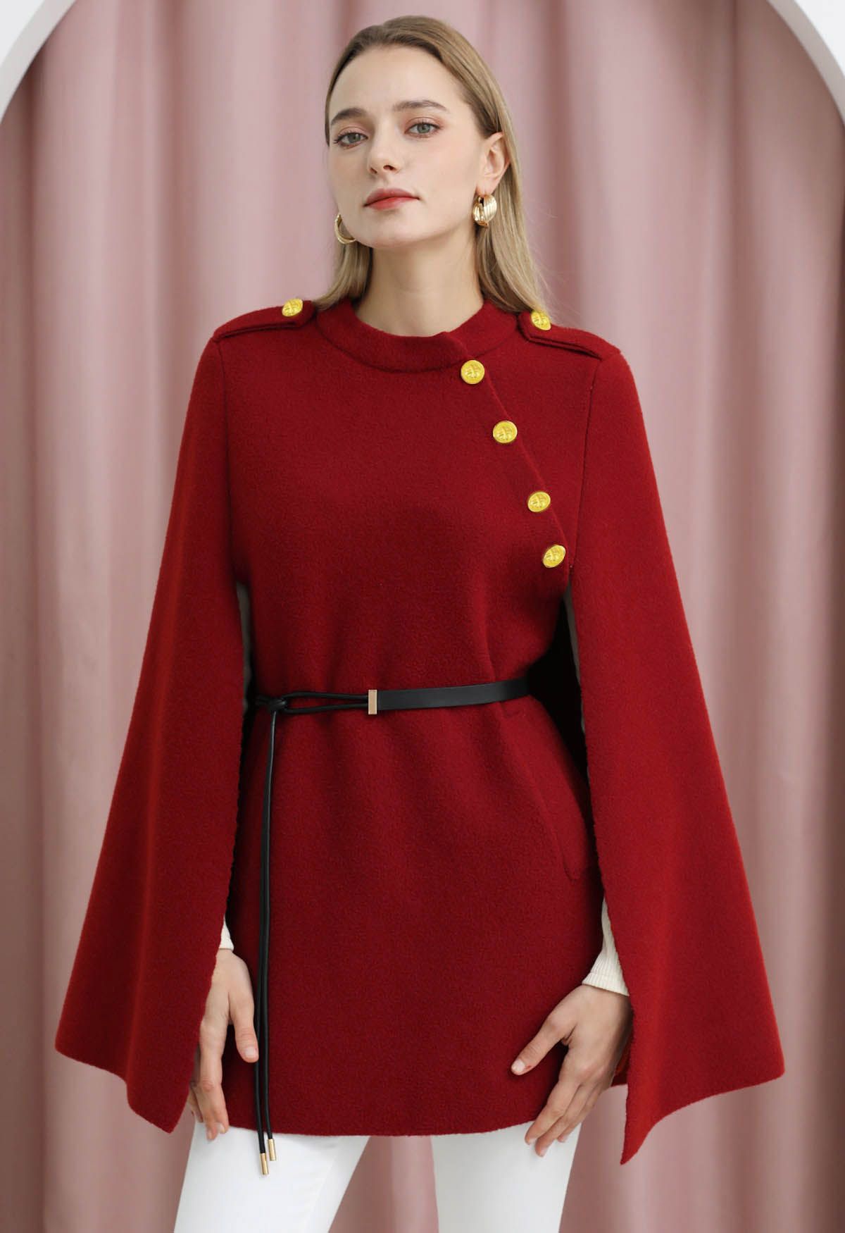 Golden Button Belted Cape Coat in Red