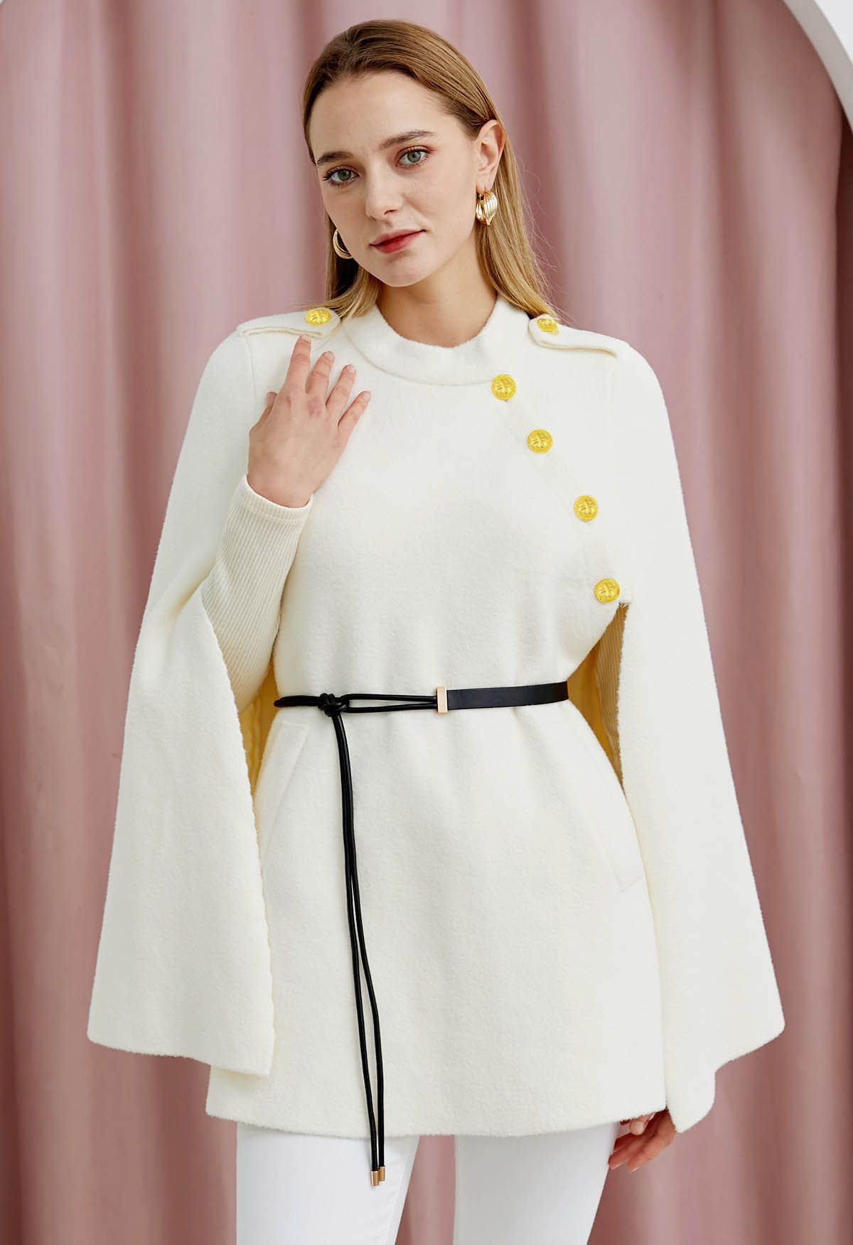 Golden Button Belted Cape Coat in Ivory