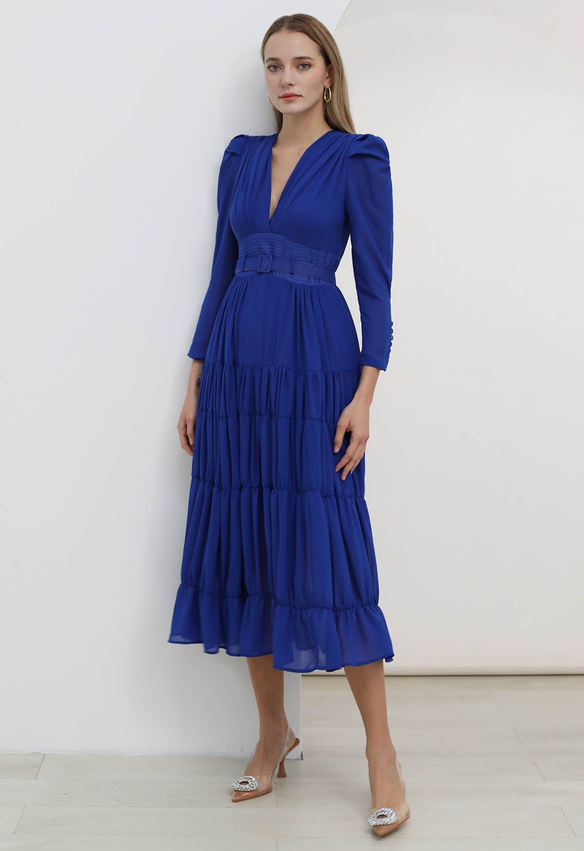 V-Neck Shirred Tiered Belted Chiffon Dress in Indigo