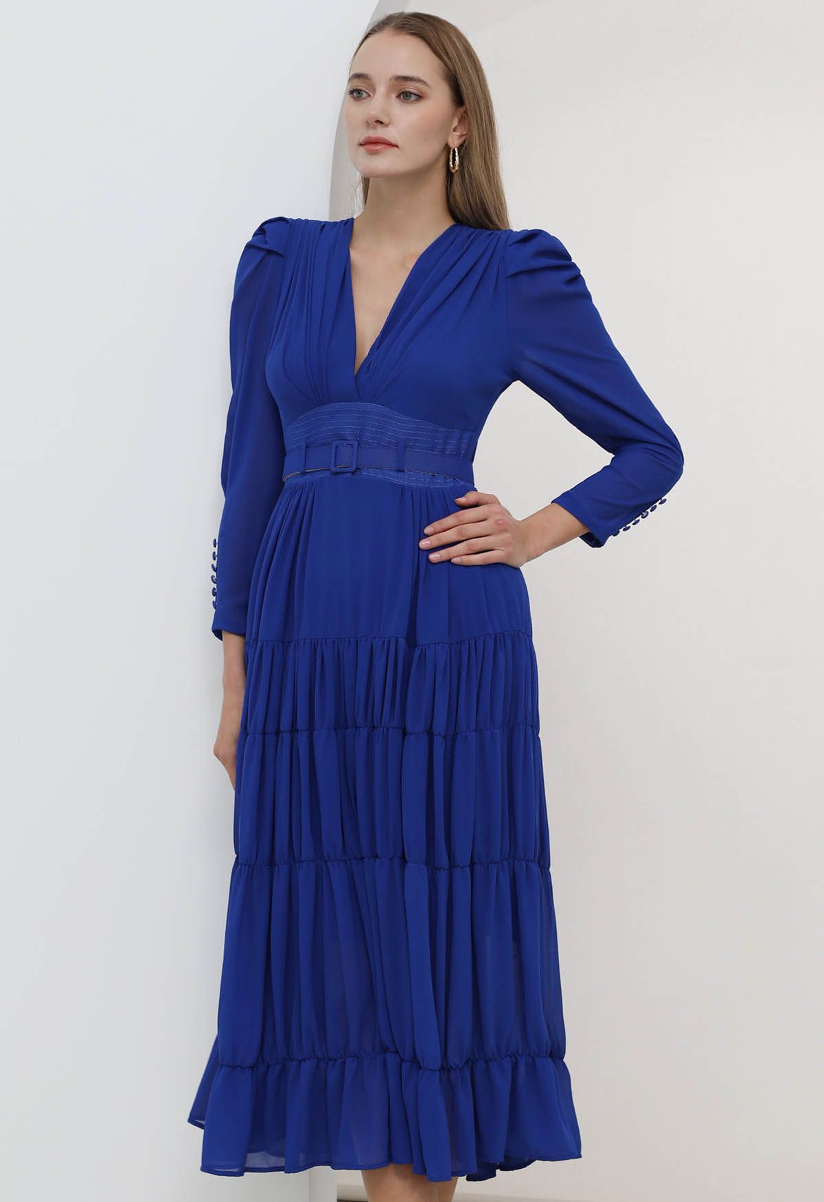 V-Neck Shirred Tiered Belted Chiffon Dress in Indigo