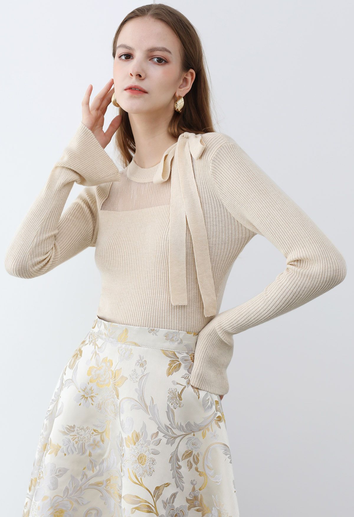 Mesh Inserted Side Bowknot Fitted Knit Top in Oatmeal