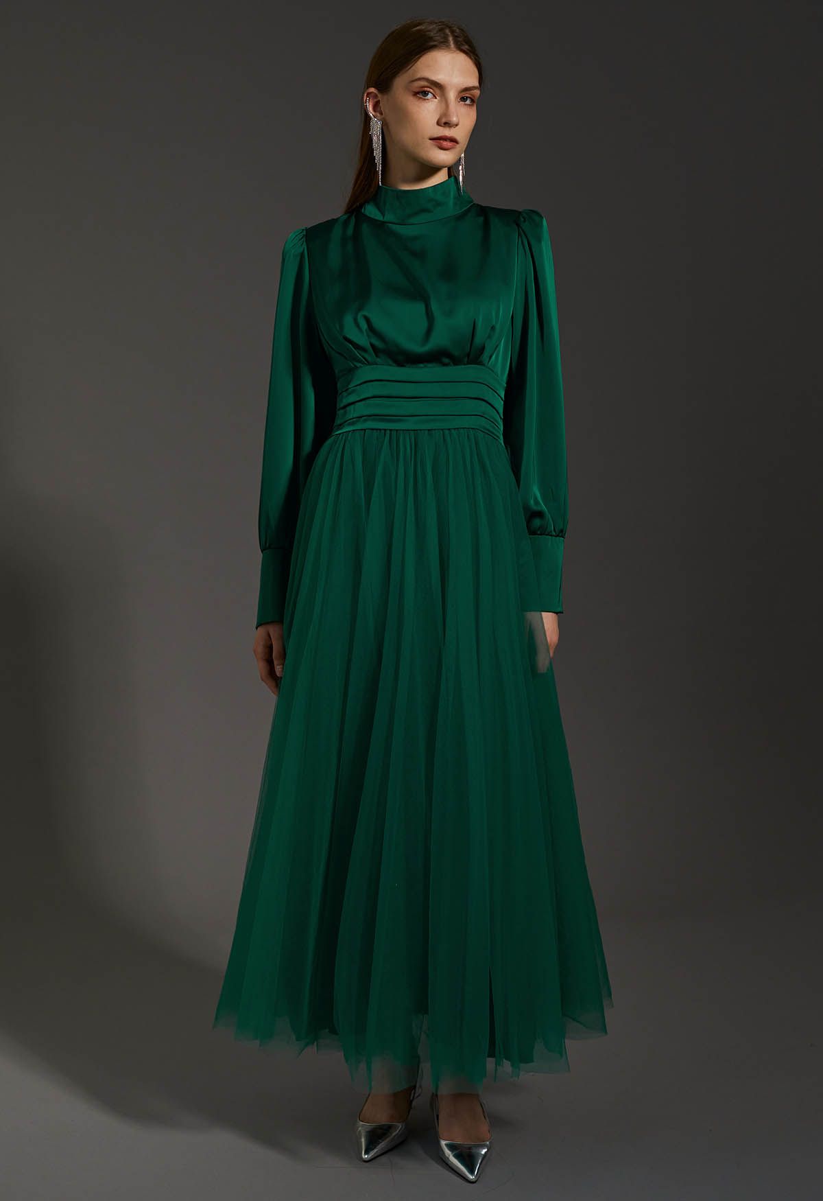 Shine Bright High Neck Tulle Maxi Dress in Emerald