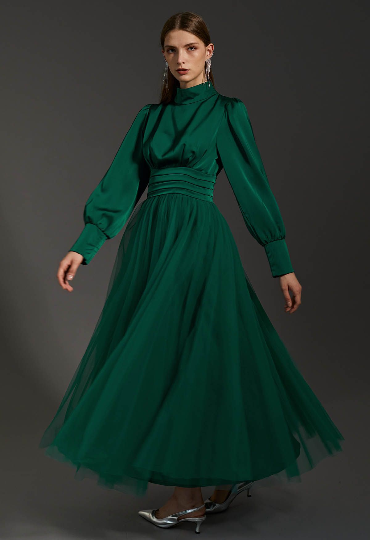 Shine Bright High Neck Tulle Maxi Dress in Emerald