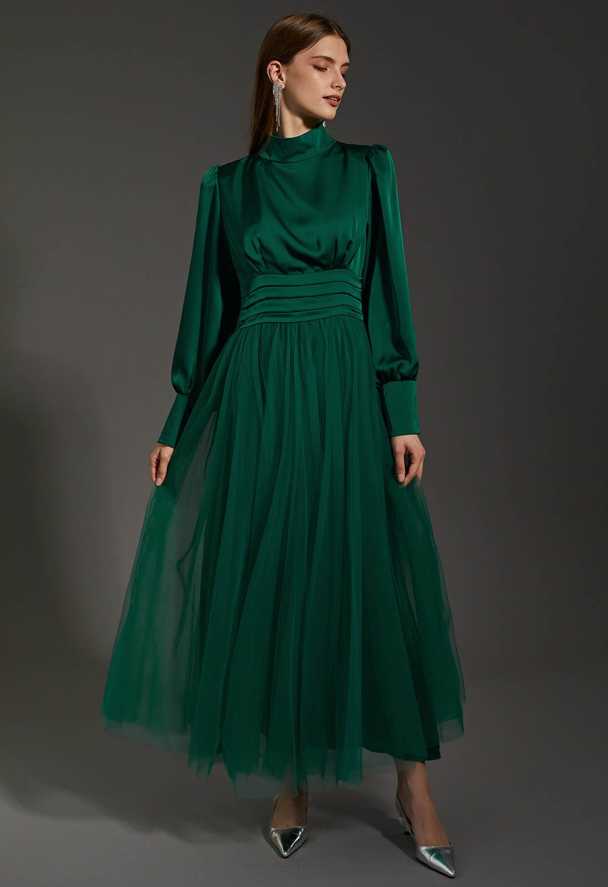 Shine Bright High Neck Tulle Maxi Dress in Emerald