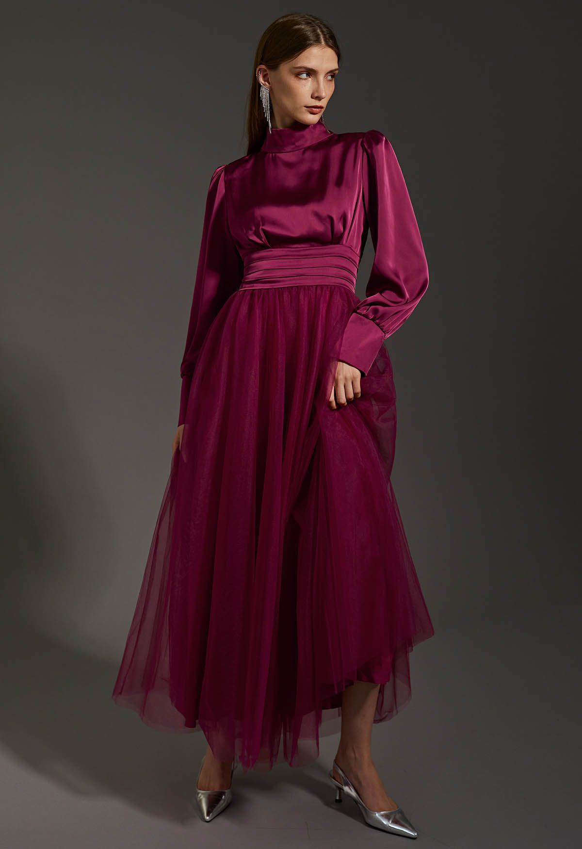 Shine Bright High Neck Tulle Maxi Dress in Burgundy