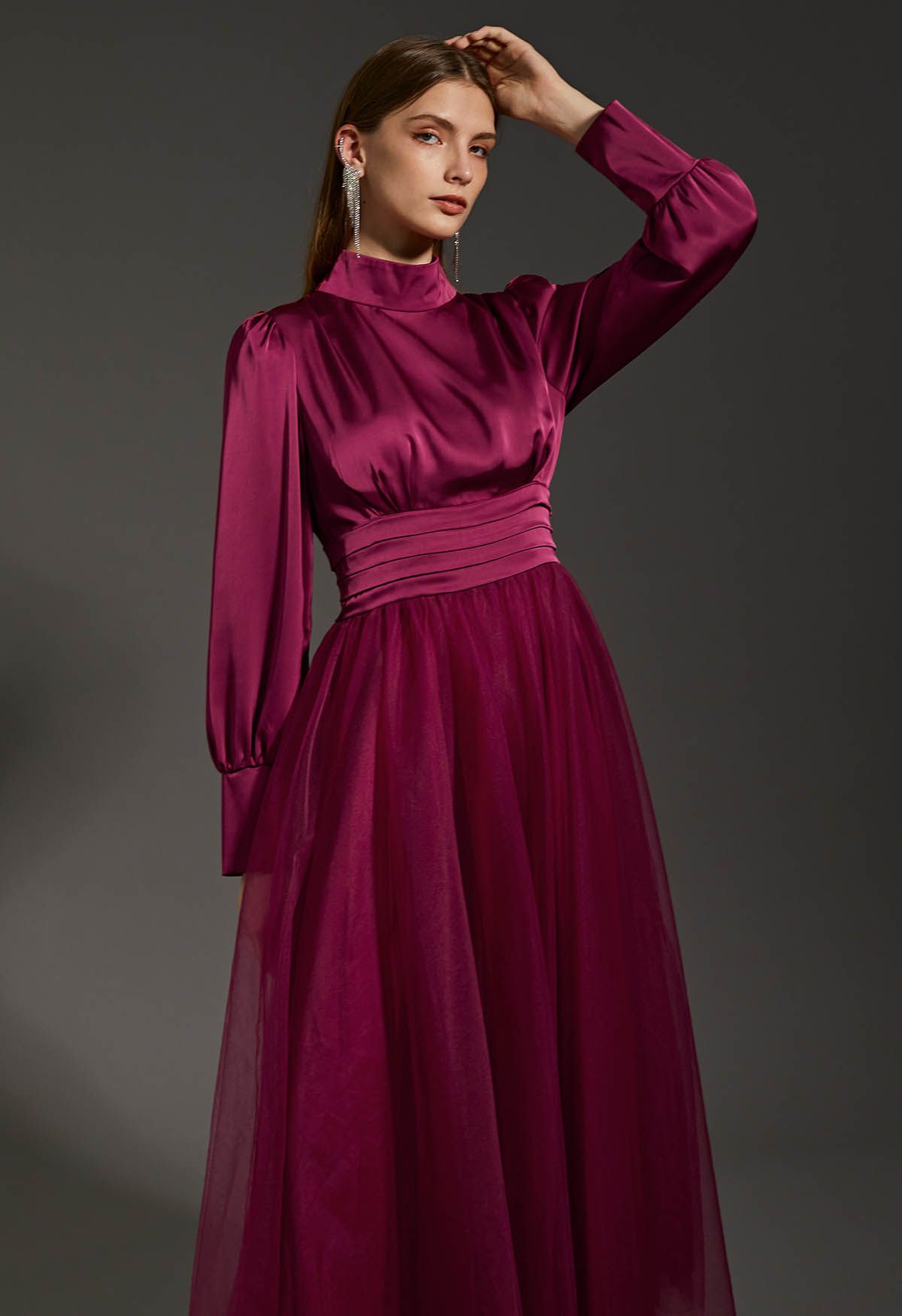 Shine Bright High Neck Tulle Maxi Dress in Burgundy