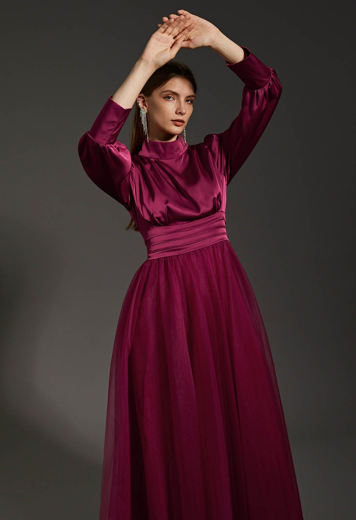 Shine Bright High Neck Tulle Maxi Dress in Burgundy