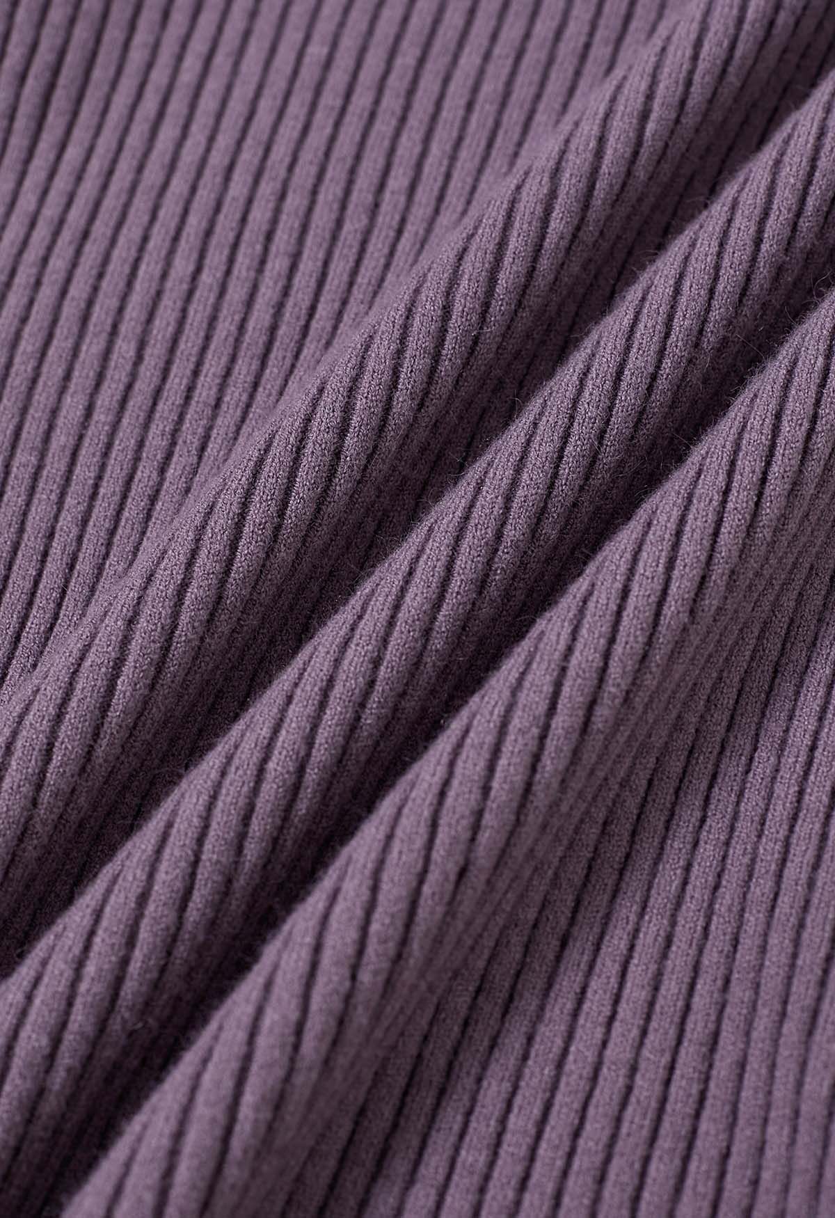 Turtleneck Ribbed Fitted Knit Top in Purple