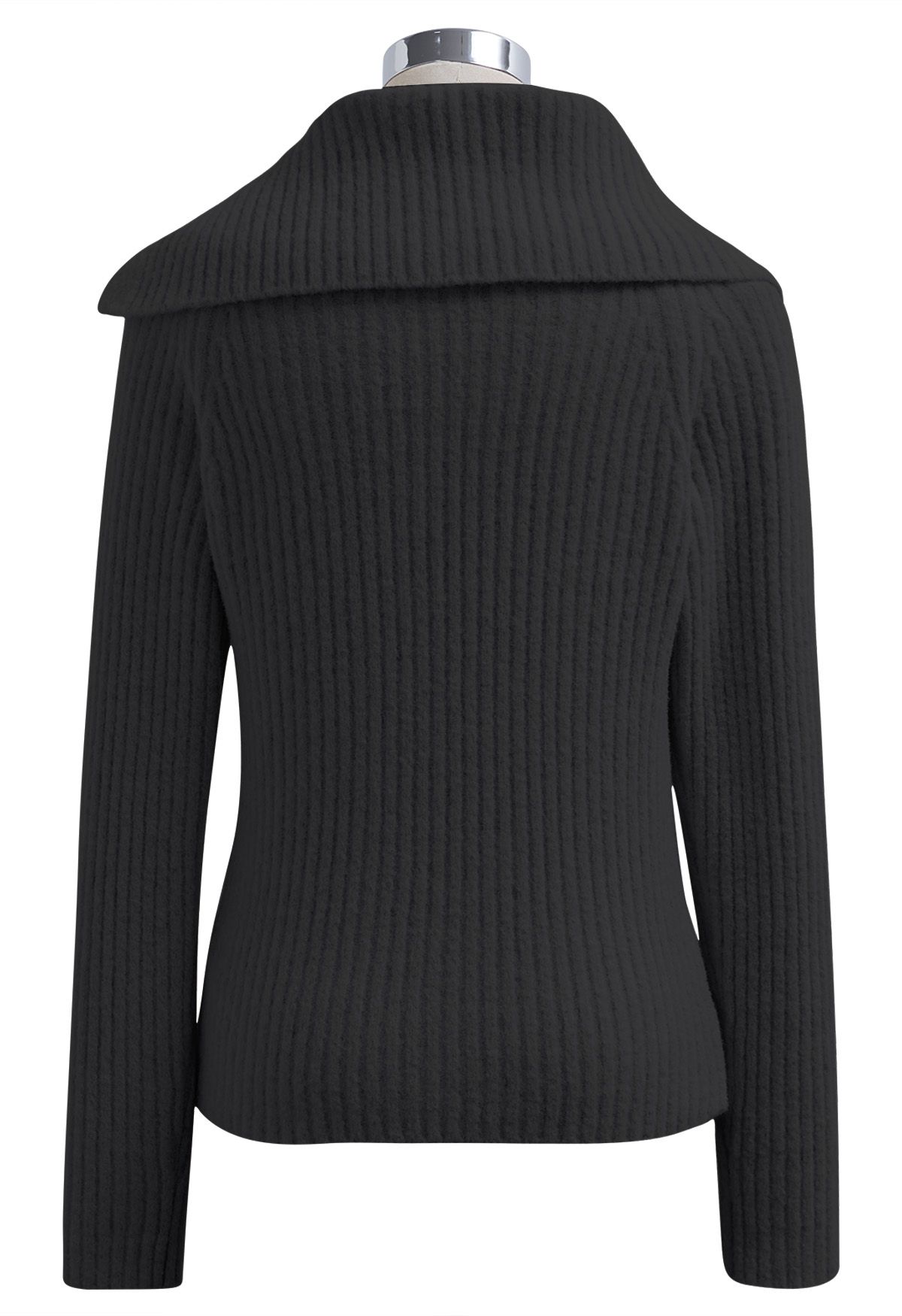 Flap Collar Side Button Down Ribbed Knit Top in Black