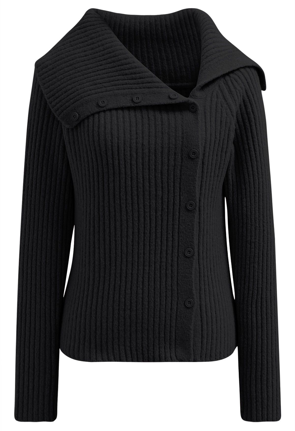 Flap Collar Side Button Down Ribbed Knit Top in Black