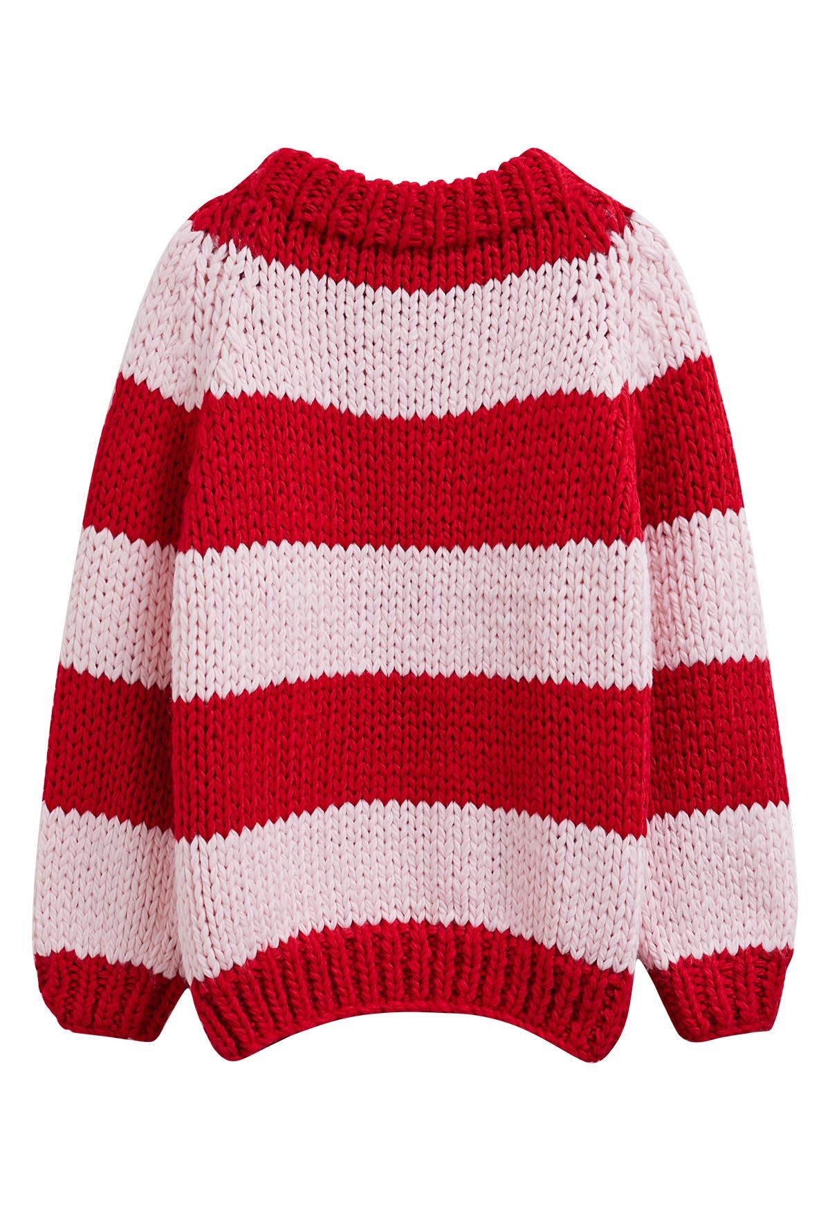 Festive Striped Chunky Hand Knit Sweater