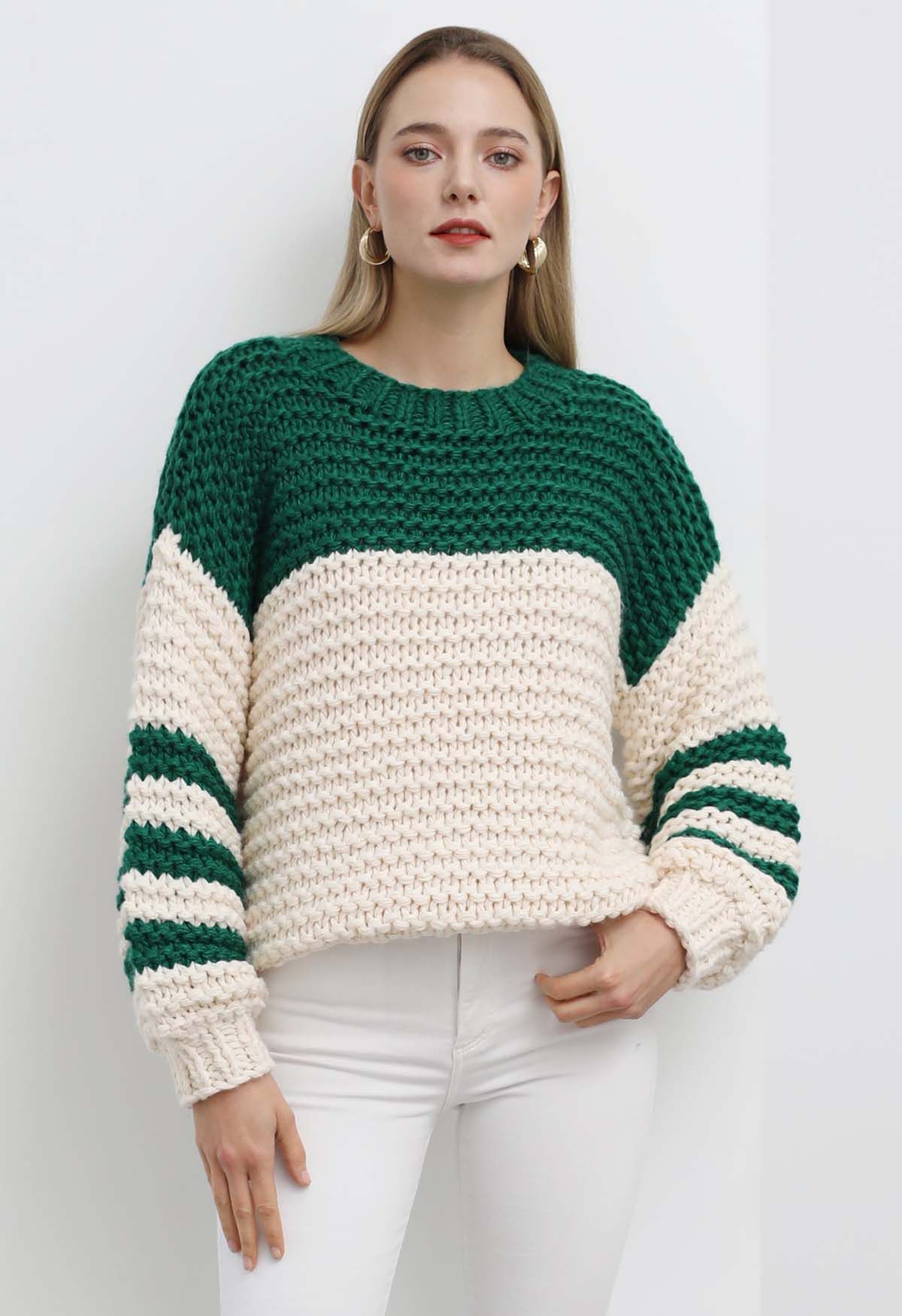 Two-Tone Striped Sleeves Chunky Hand Knit Sweater in Green