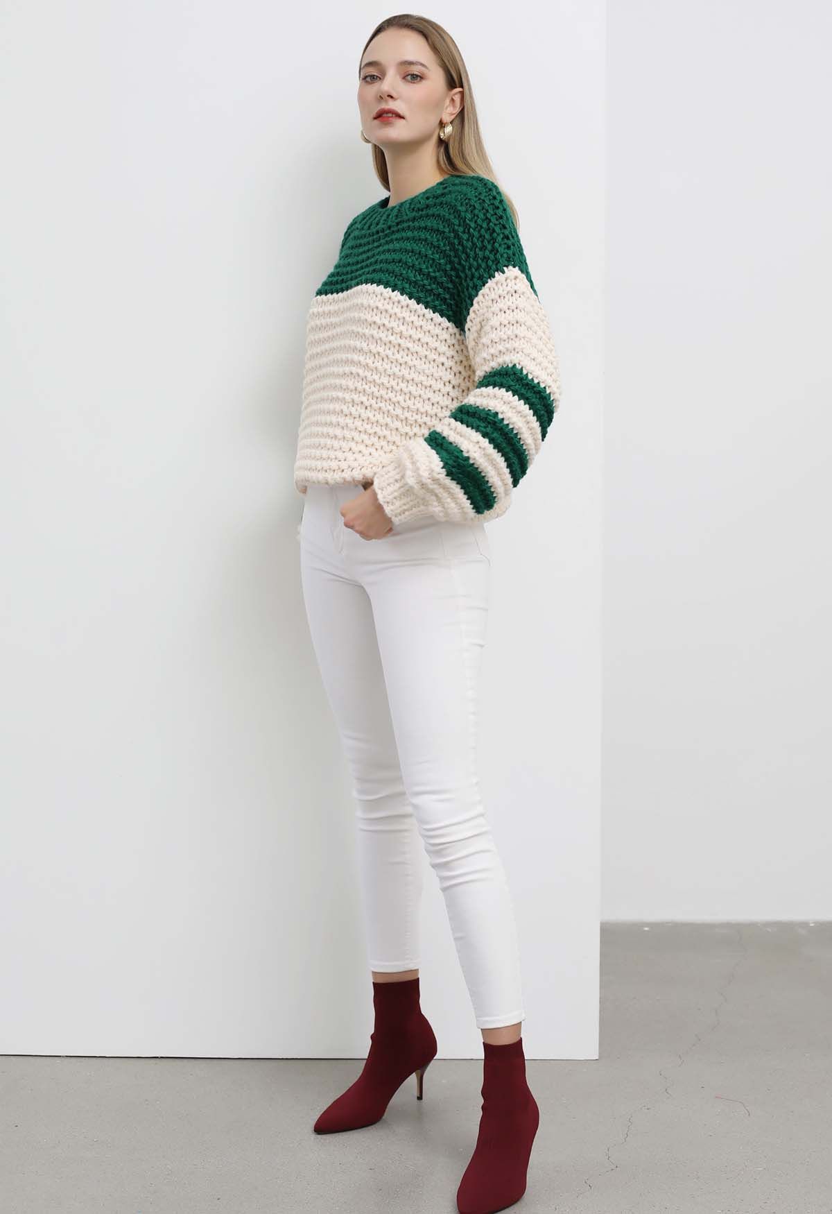 Two-Tone Striped Sleeves Chunky Hand Knit Sweater in Green