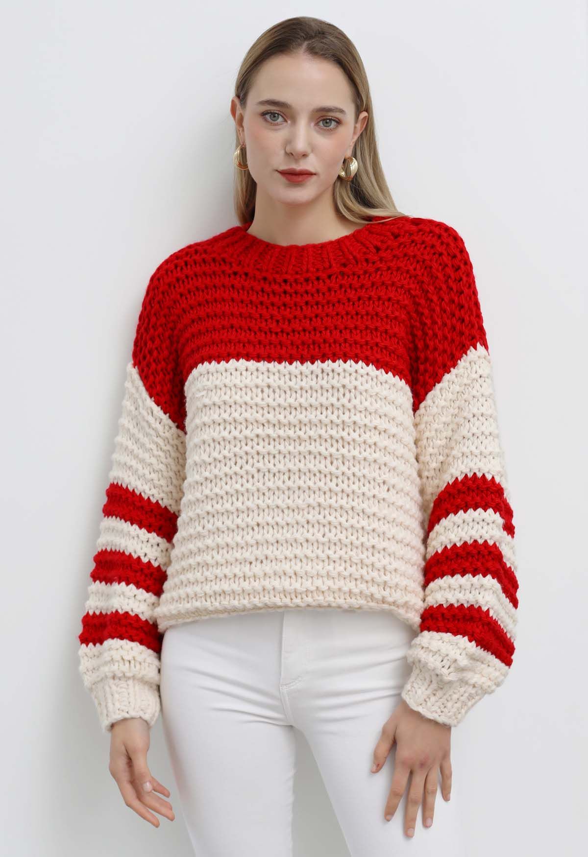 Two-Tone Striped Sleeves Chunky Hand Knit Sweater in Red