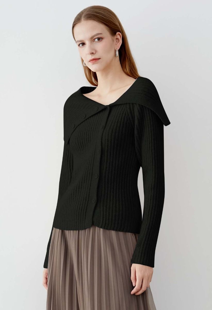 Flap Collar Side Button Down Ribbed Knit Top in Black