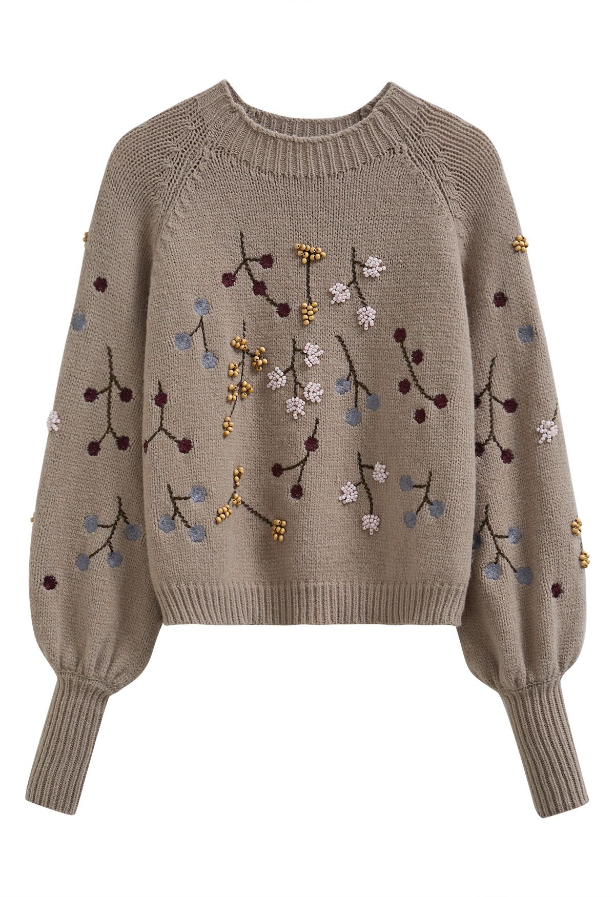 Beaded Embroidered Floral Crop Sweater