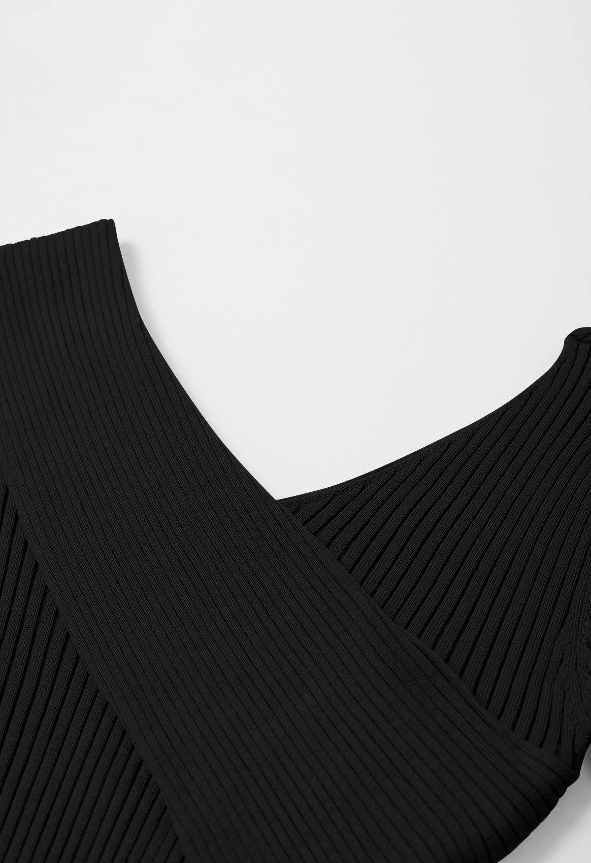 Crisscross Full Ribbed Knit Top in Black