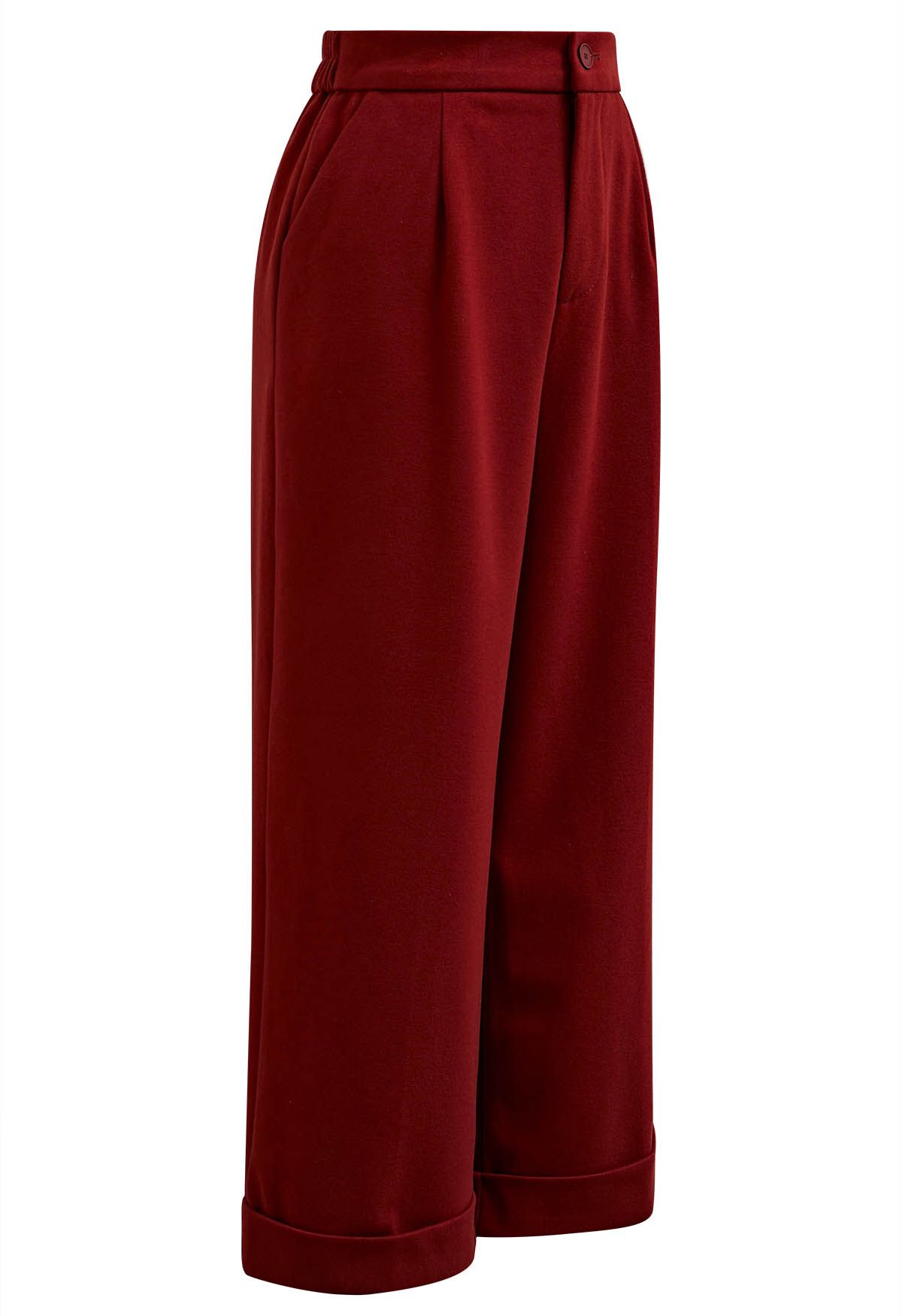 Comfy Chunky Straight-Leg Cuffed Pants in Rust Red