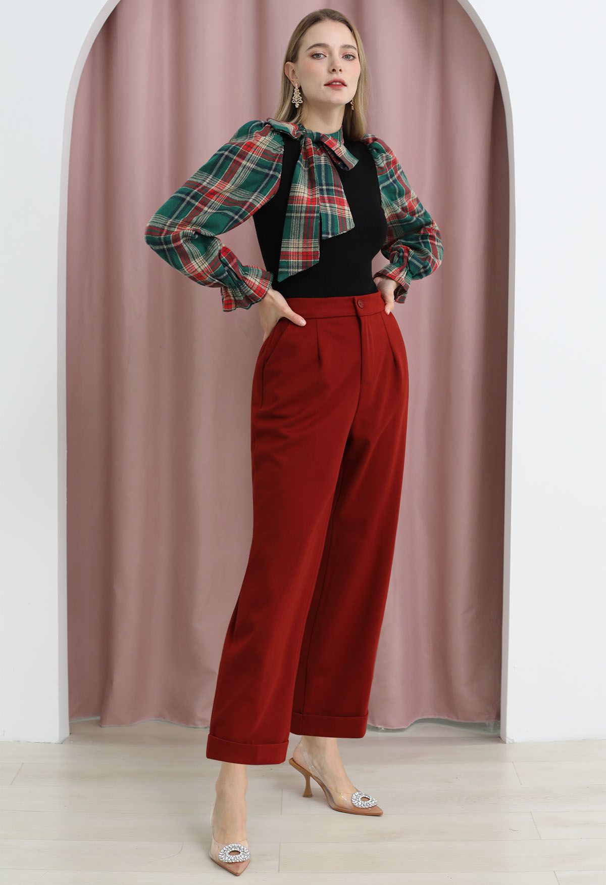 Comfy Chunky Straight-Leg Cuffed Pants in Rust Red