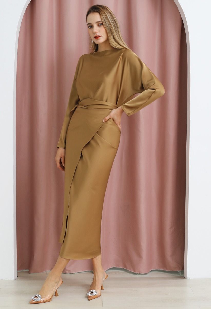 Satin Boat Neck Wrapped Waist Maxi Dress in Gold