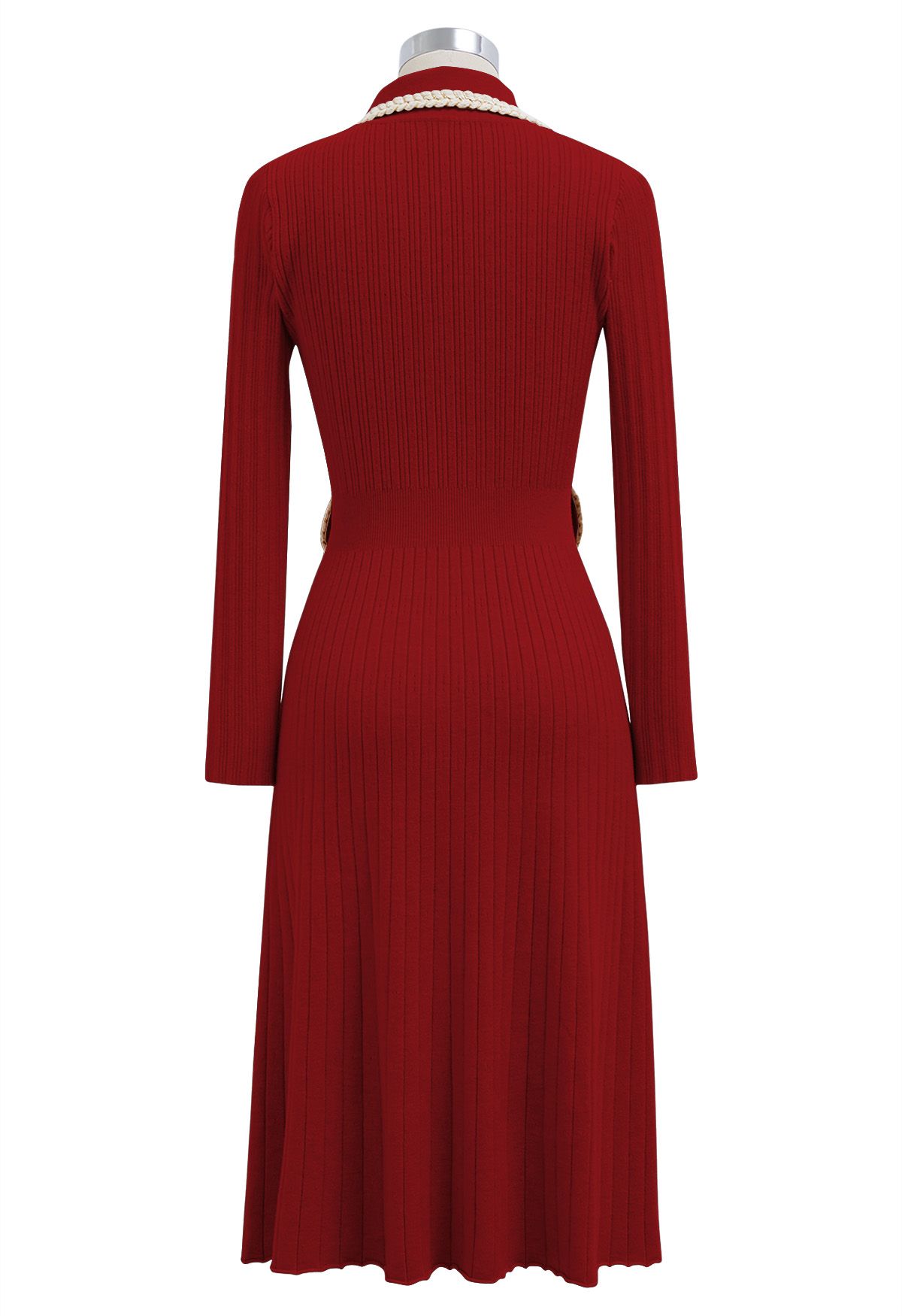 Collared Braided Edge Knit Midi Dress in Red
