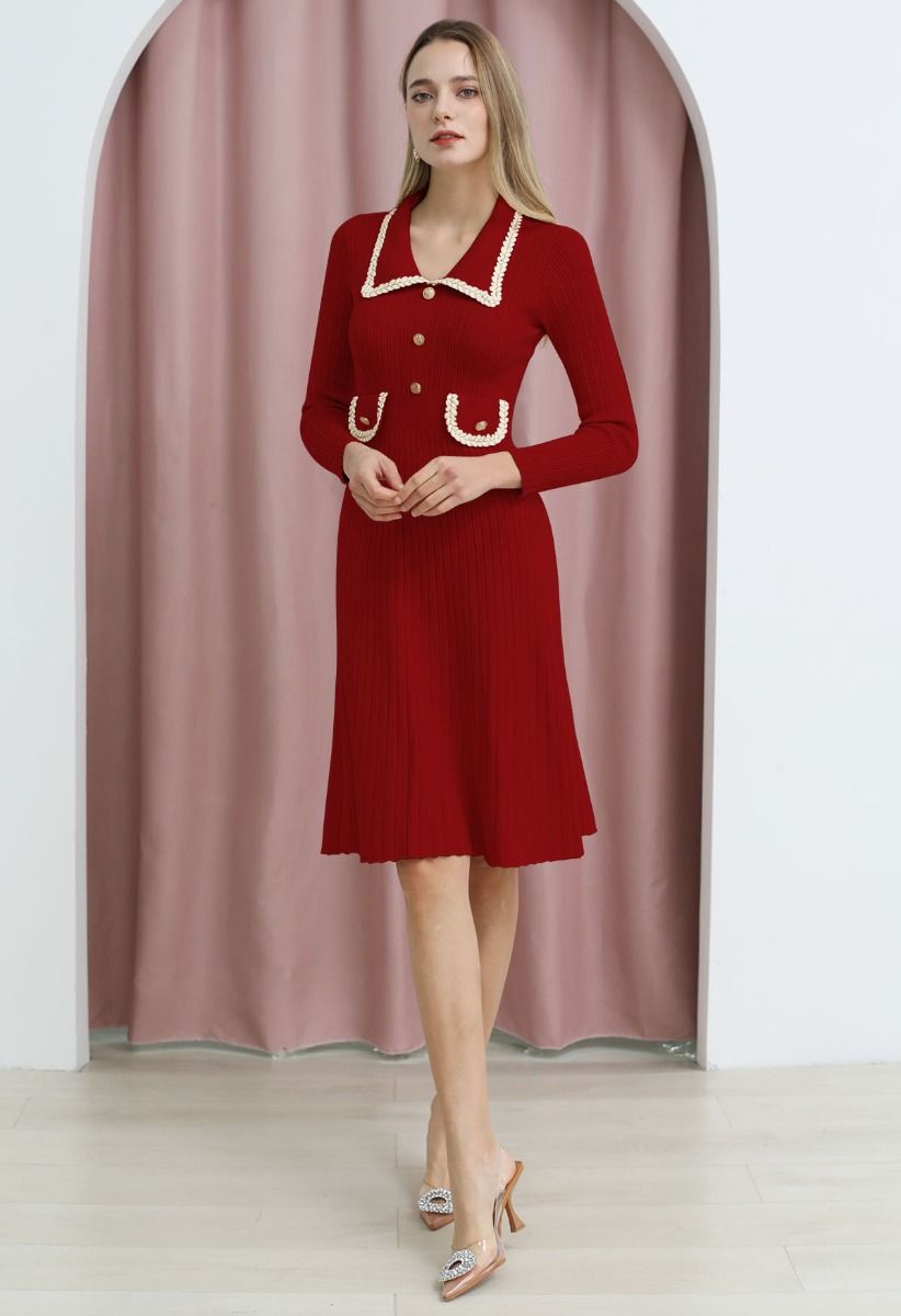 Collared Braided Edge Knit Midi Dress in Red