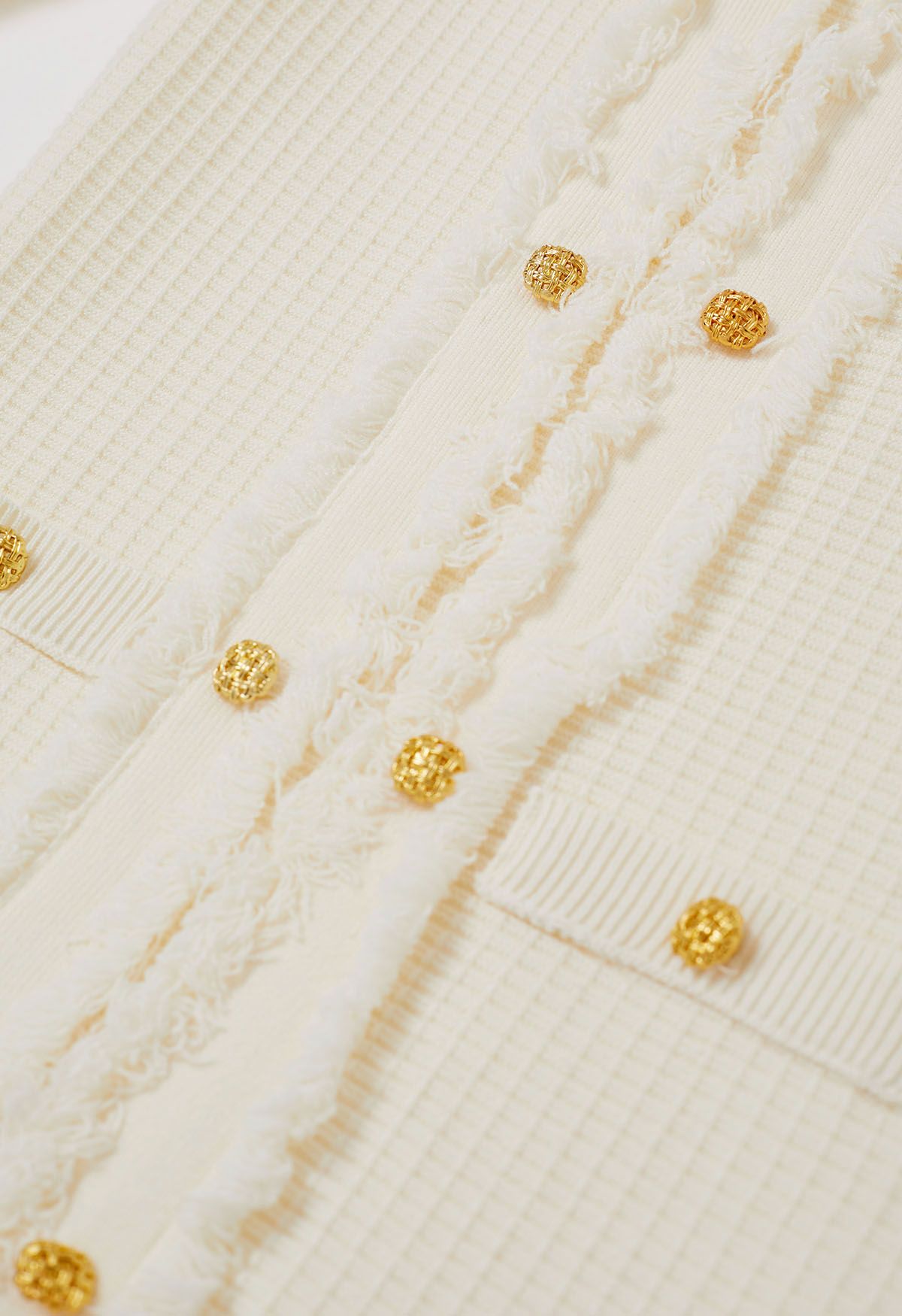 Fringe Edge Golden Button Waffle Knit Dress in Cream