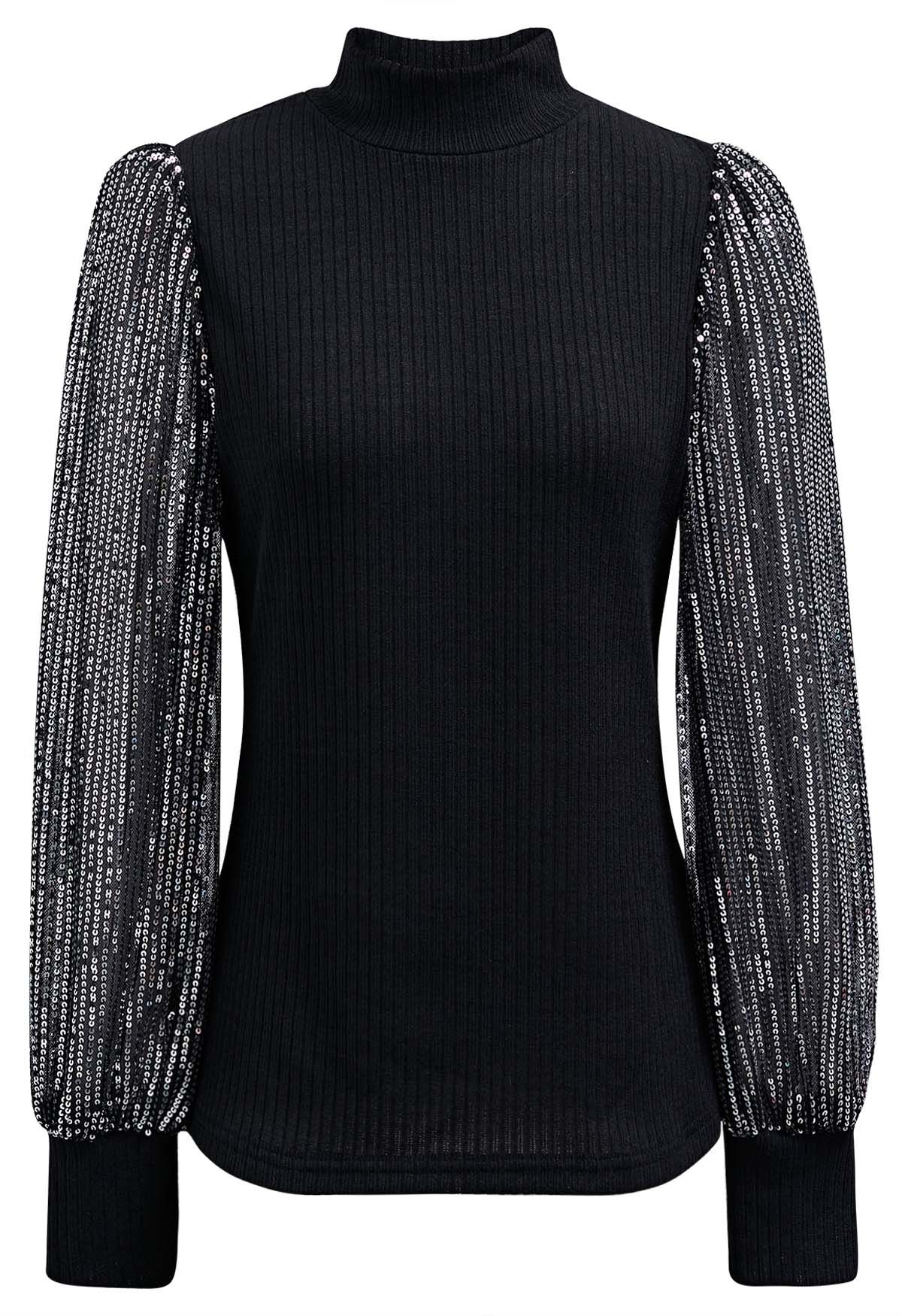 Sequin Mesh Sleeves Mock Neck Knit Top in Black