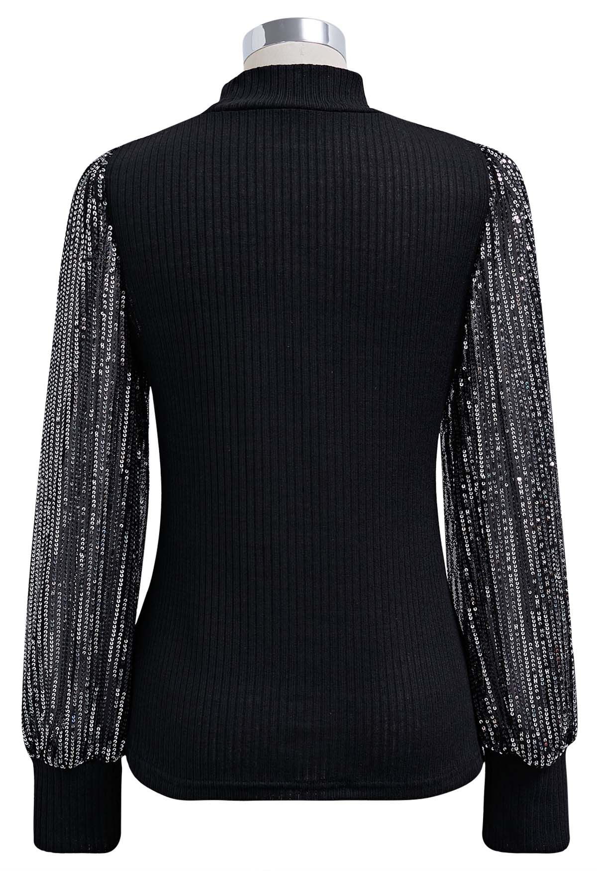 Sequin Mesh Sleeves Mock Neck Knit Top in Black