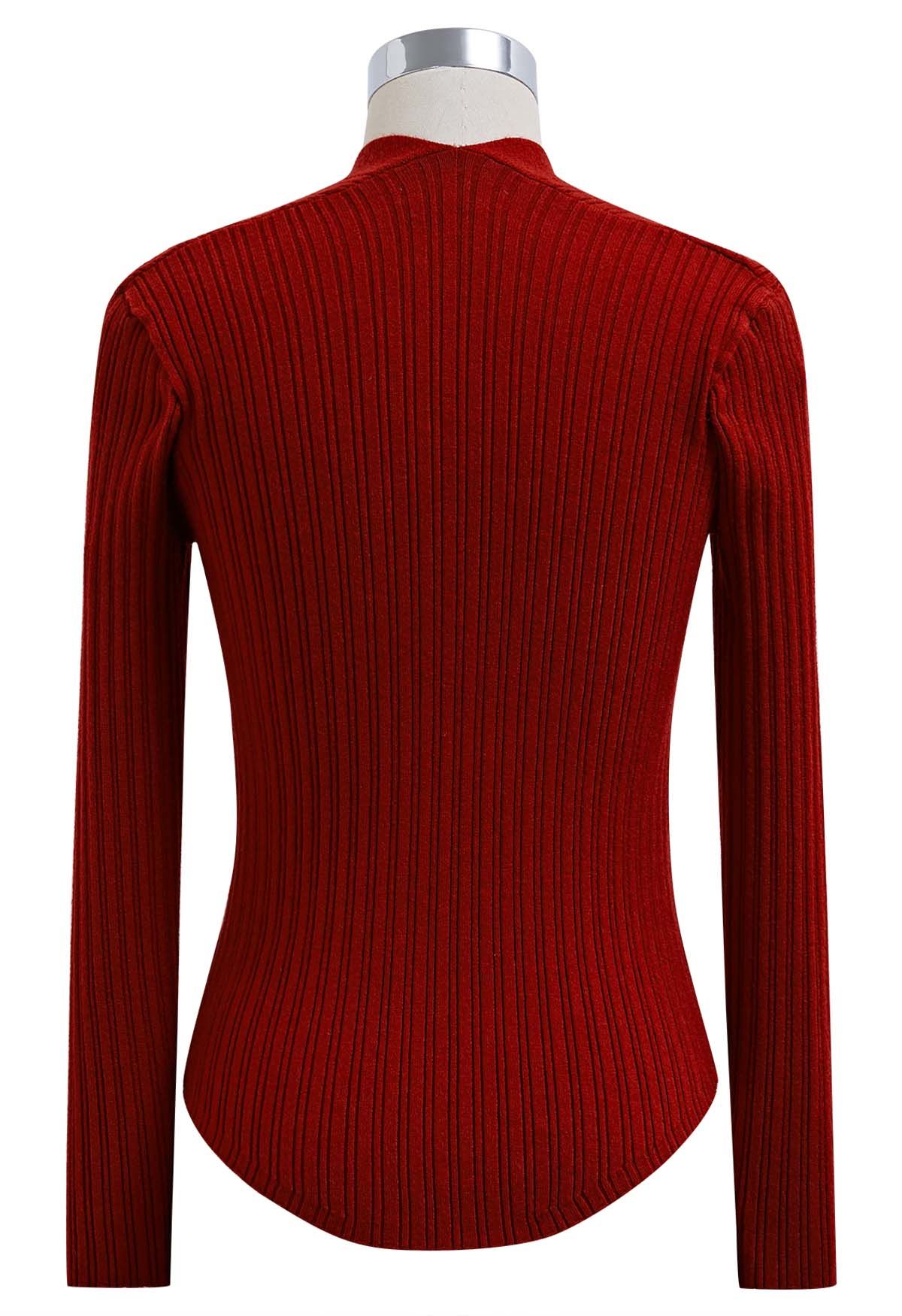 Button Embellished Square Neck Knit Top in Red