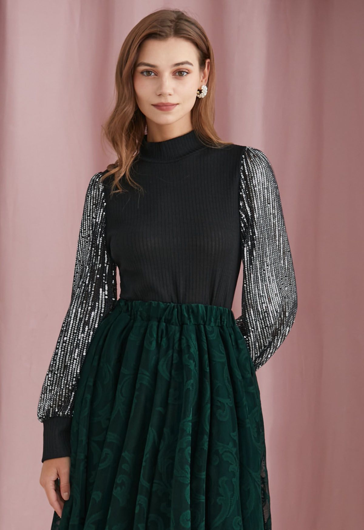 Sequin Mesh Sleeves Mock Neck Knit Top in Black