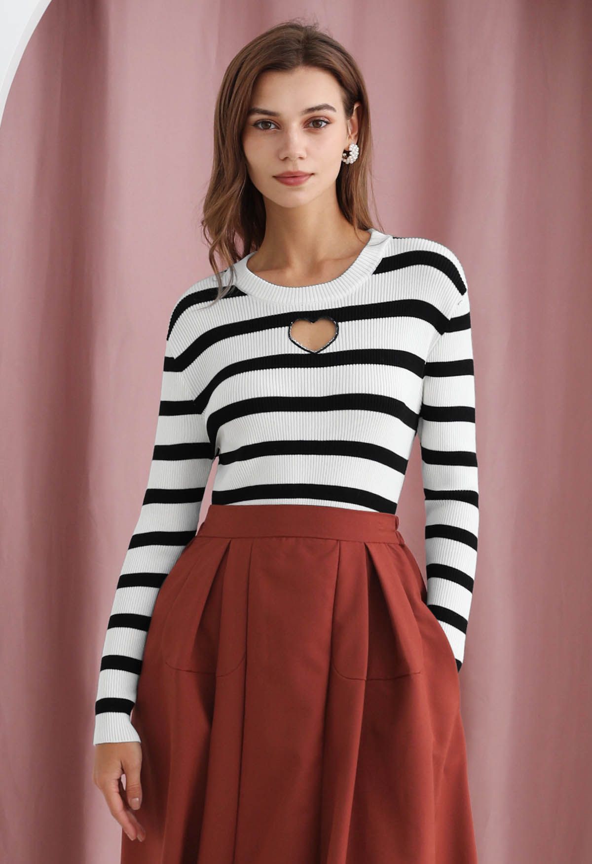 Heart Cut Out Stripe Knit Top in Black