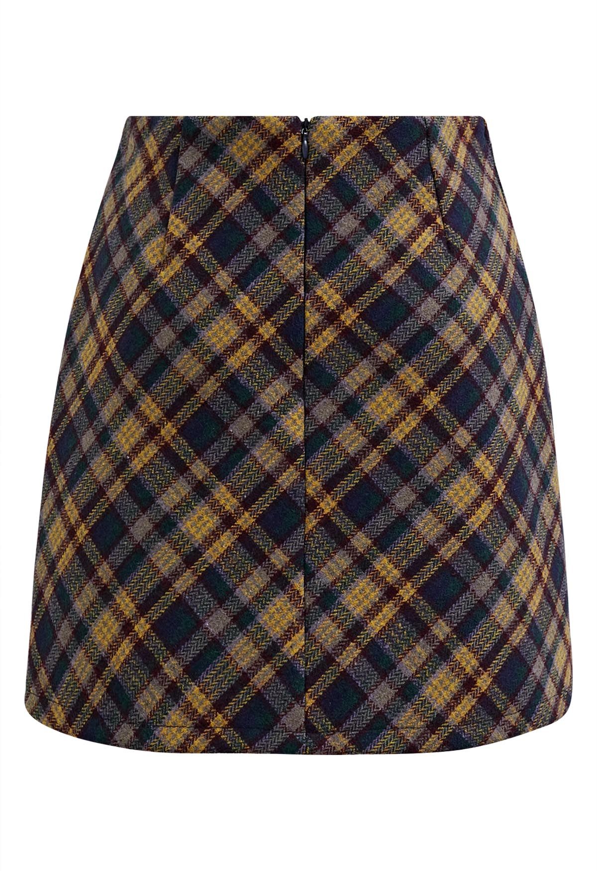 Retro Plaid Wool-Blend Mini Bud Skirt in Yellow