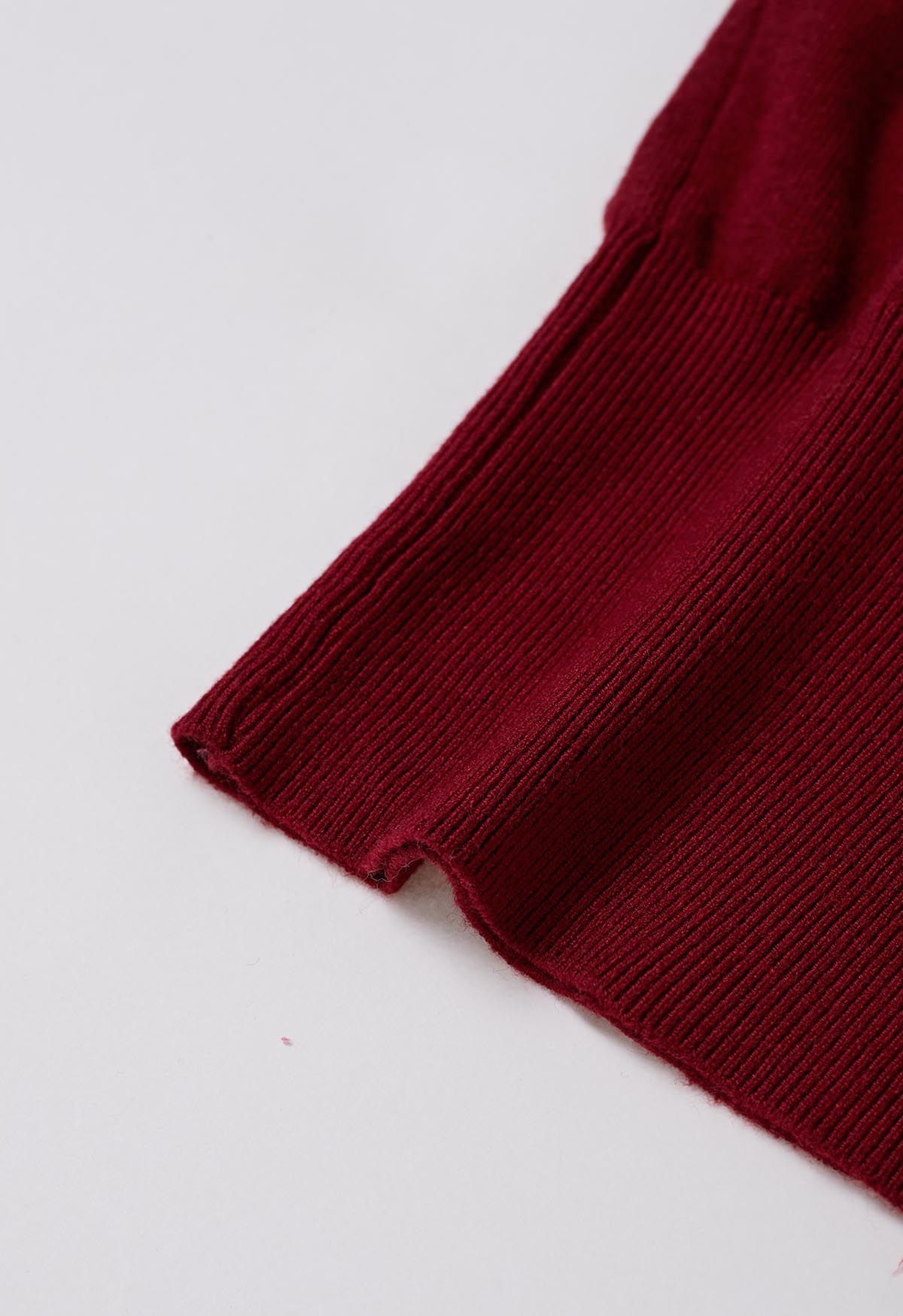 Ruffle Tie-Bow Wool-Blend Buttoned Top in Burgundy