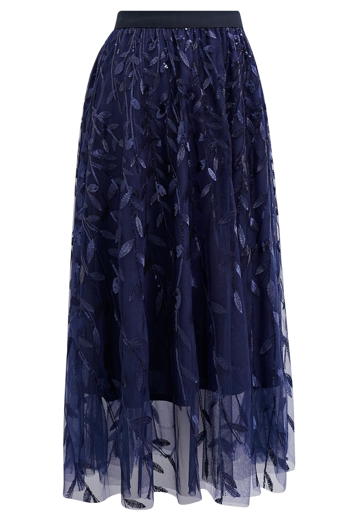 Sequin Embroidered Leaves Mesh Tulle Midi Skirt in Navy