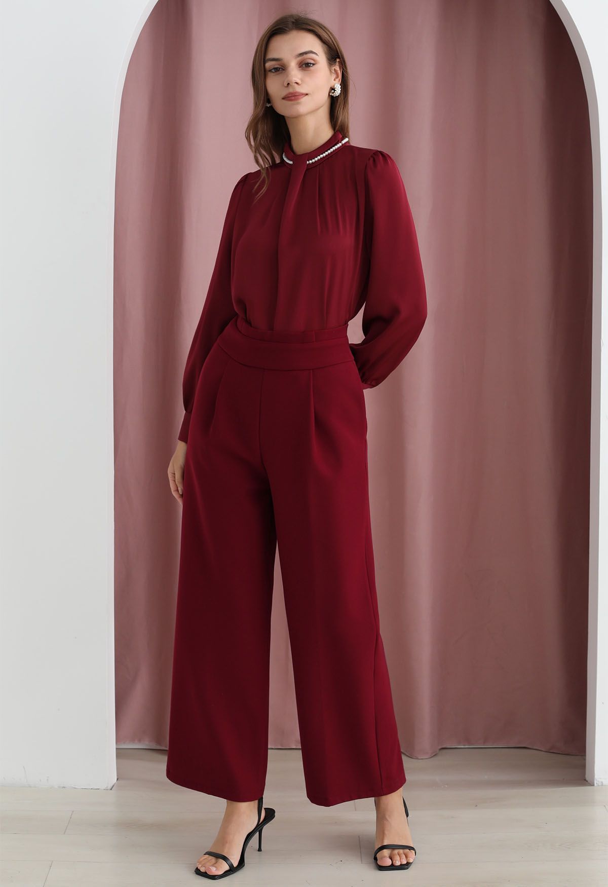 Pleated Waist Chunky Straight-Leg Pants in Burgundy