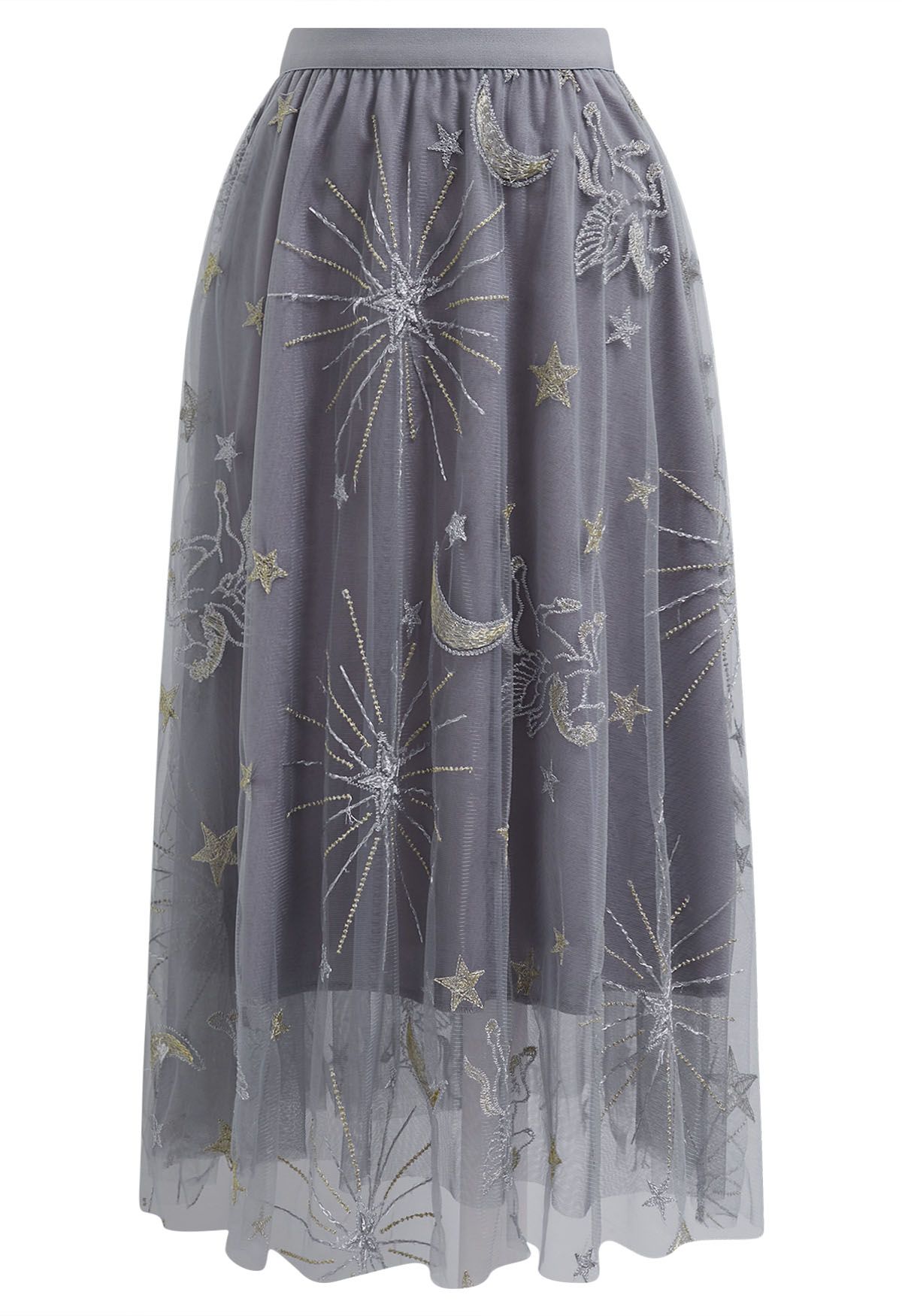 Mysterious Night Moon and Star Embroidered Mesh Tulle Skirt in Grey