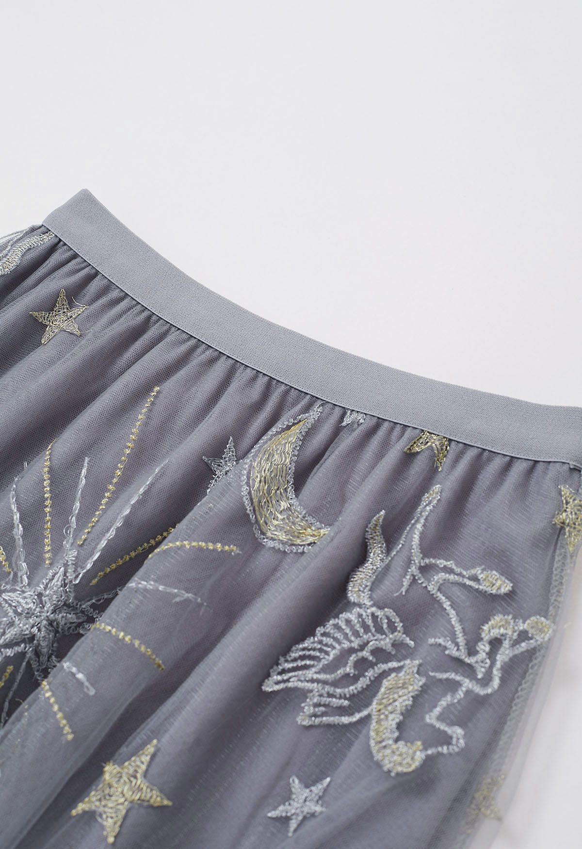Mysterious Night Moon and Star Embroidered Mesh Tulle Skirt in Grey