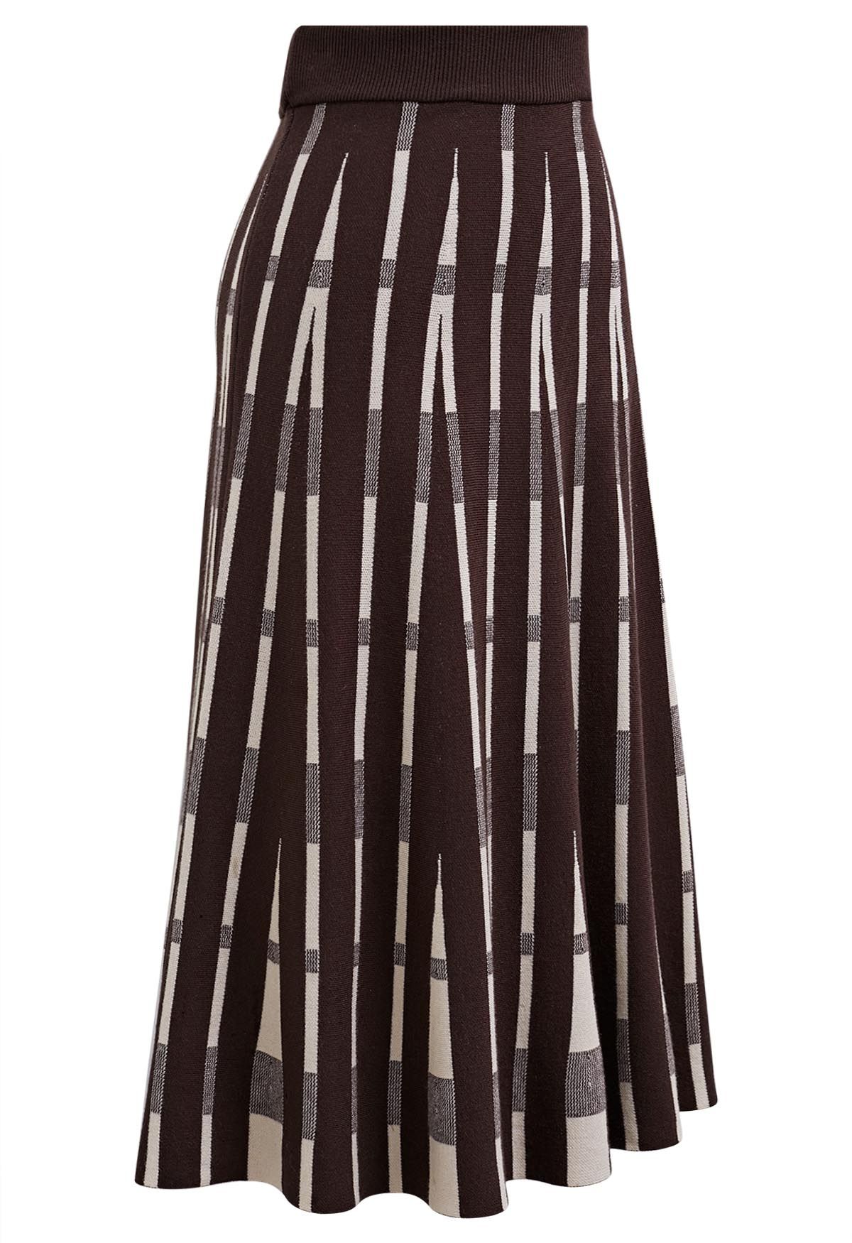 Trendsetting Striped Knit Midi Skirt in Brown