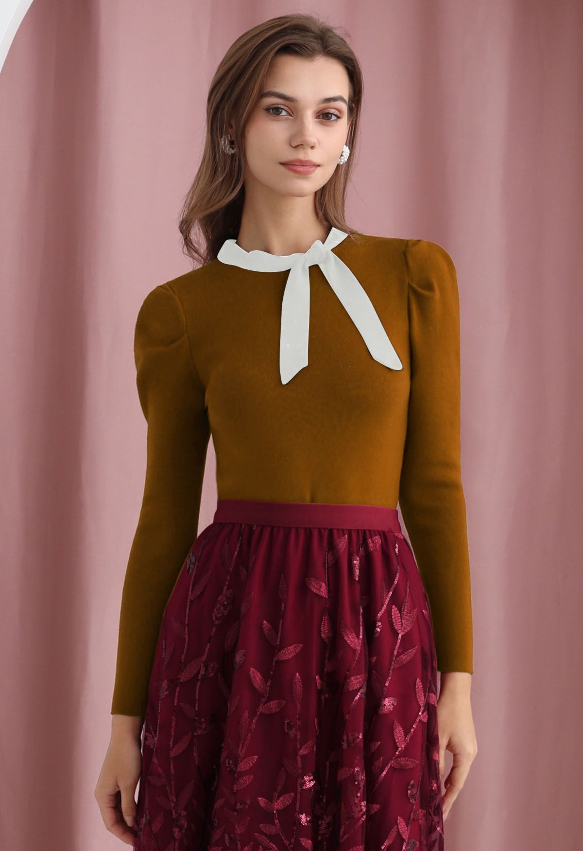 Gigot Sleeve Ribbon Adorned Knit Top in Caramel