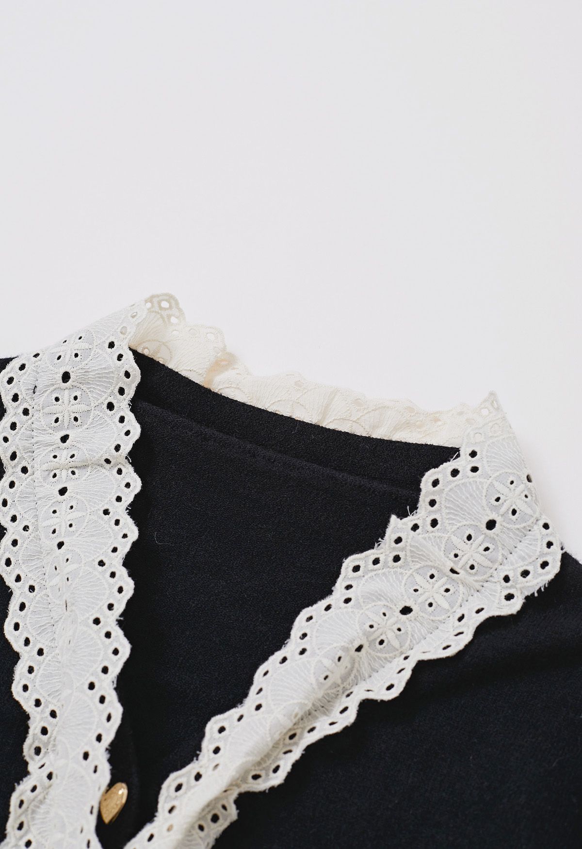 Embroidered Eyelet Bowknot Heart Button Fuzzy Knit Cardigan in Black