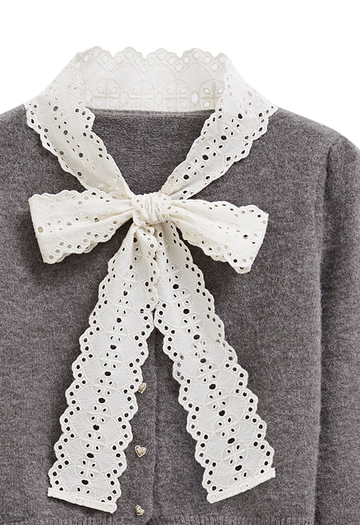 Embroidered Eyelet Bowknot Heart Button Fuzzy Knit Cardigan in Grey