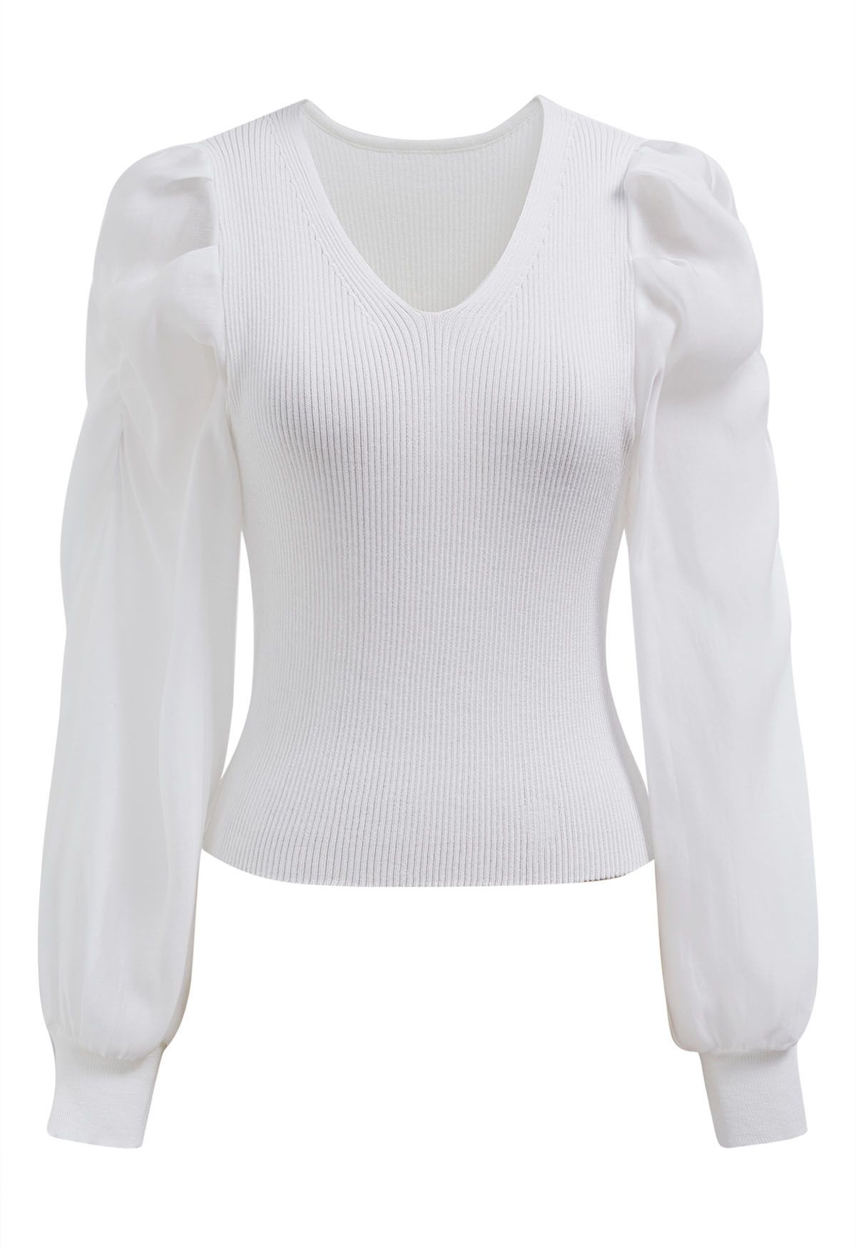 Dramatic Puff Sleeves V-Neck Spliced Knit Top in White